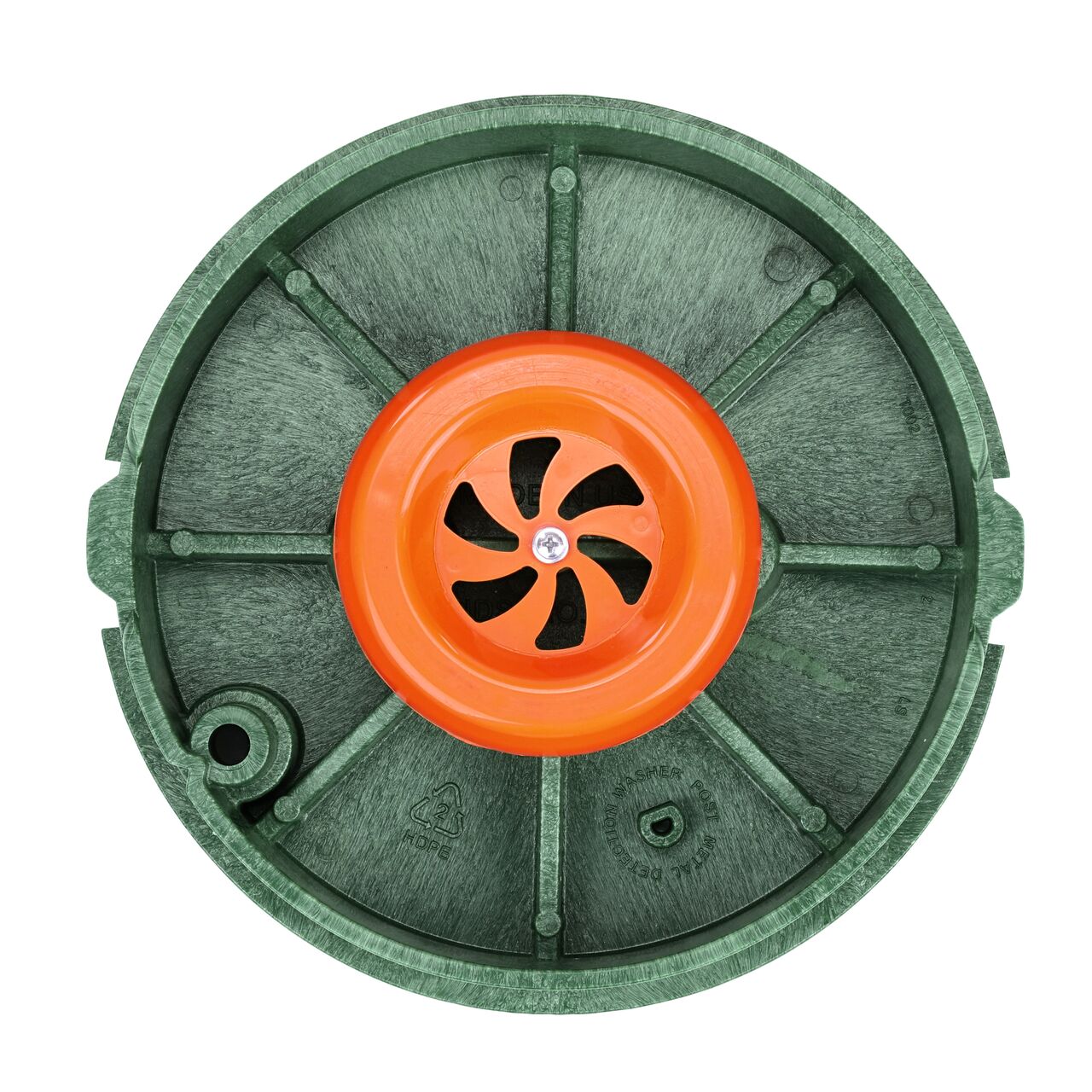 Top down view of the underside side of the Green Telecom cover (NDS 311BCBT-M) for the NDS 10 in. Round Pro-Spec® Series Telecom box, showing reinforcing ribs that are load rated and an electronic marker disc (frequency 101.4 kHz) to locate boxes buried underground when using a marker locator