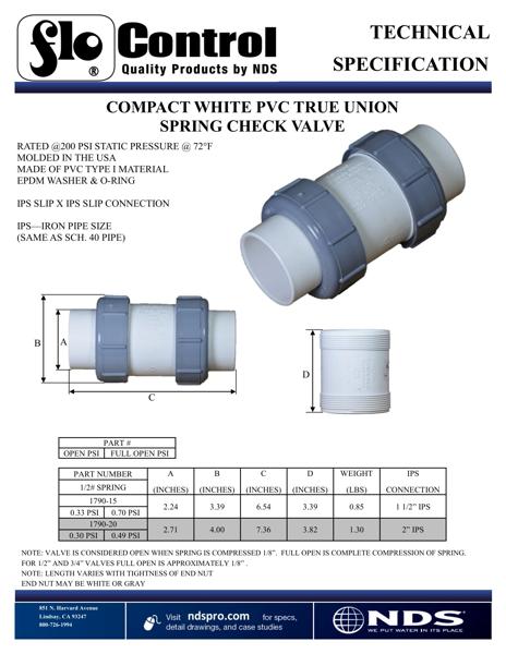 NDS Compact True Union Spring Check Valves White Tech Spec