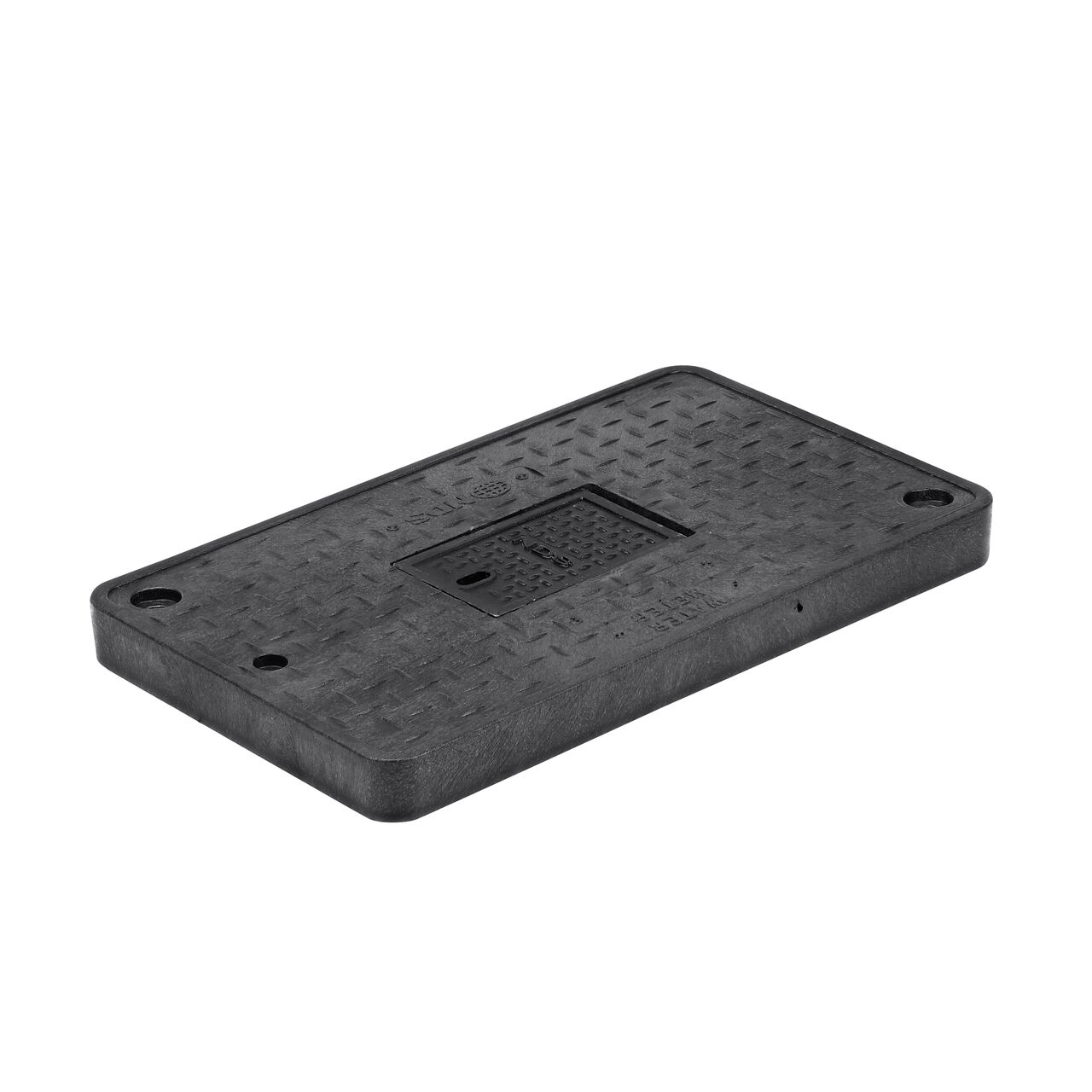 This NDS 13 in. X 24 in. Rectangular Meter Series Box Cover is a Black Drop-in Cover with Water Meter markings on the lid (NDS 121CDMCIF) with a Cast Iron reader door and fits NDS standard series 13 in. X 24 in. valve boxes