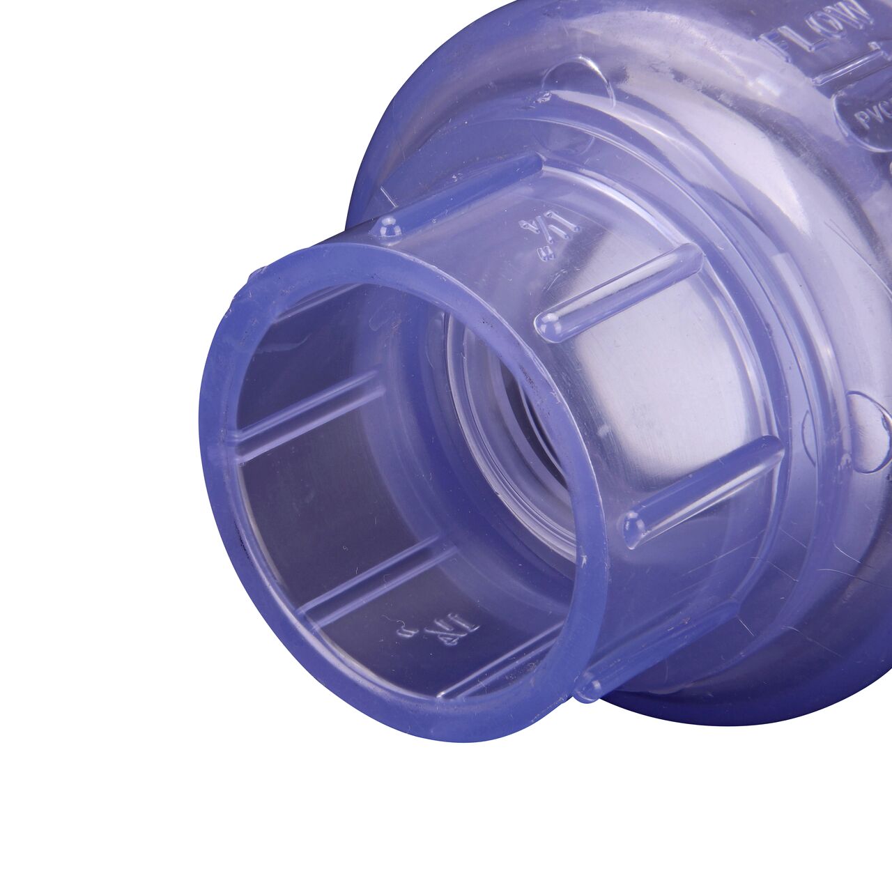 Closeup of the inlet end of the NDS Clear 1-1/4 in. slip end by slip end PVC Swing Check Valve (NDS 1520C12) which prevents backflow in pipelines