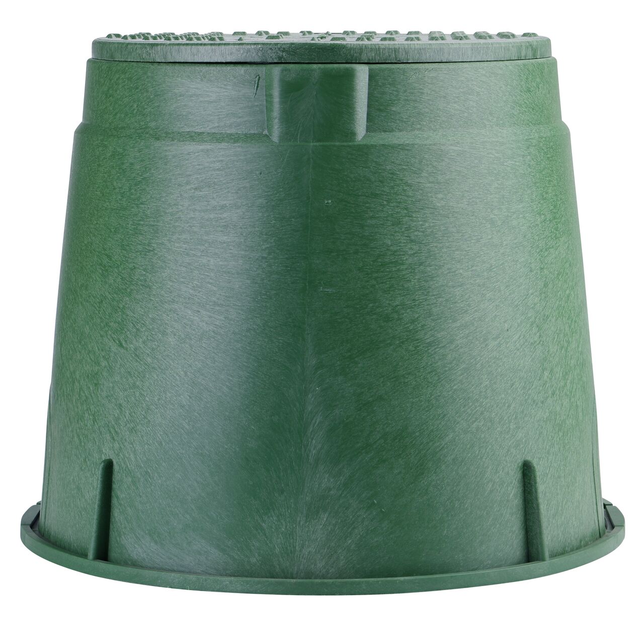 Side view of the non-pipe hole side of the NDS 10 in. Round Standard Series Valve Box & Irrigation Control Valve Cover (NDS 112BCB) which is engineered for superior strength with structural reinforcing ribs