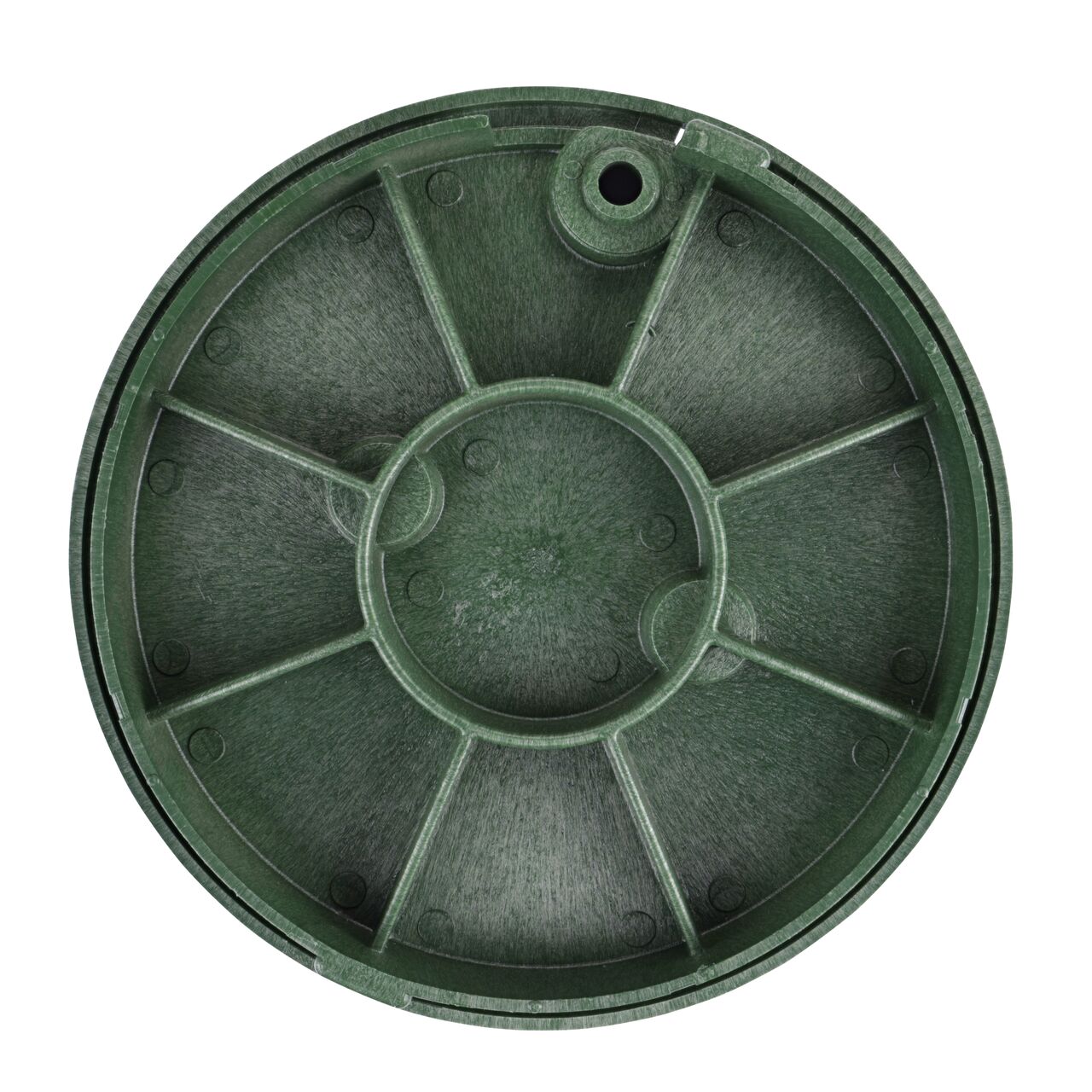 Top down view of the underside side of the green sewer cover for the NDS 10 in. Round Standard Series (NDS 111BCS) showing reinforcing ribs that are load rated to withstand pedestrian traffic and the rigors of lawn care equipment