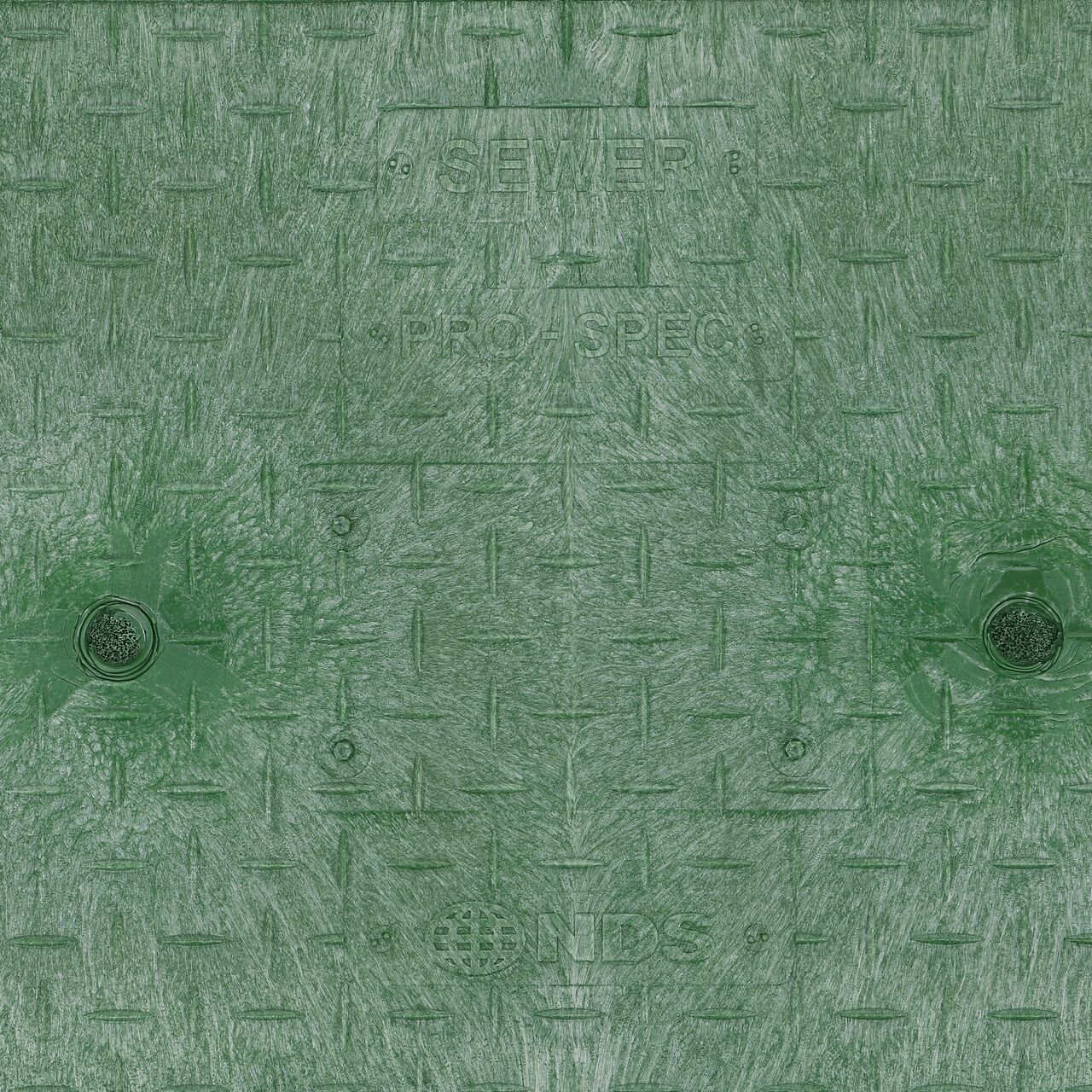 Closeup view of the Sewer markings on the Green Sewer cover (NDS 323CS) for the NDS 17 in. X 30 in. Rectangular Pro-Spec® Series Valve Box