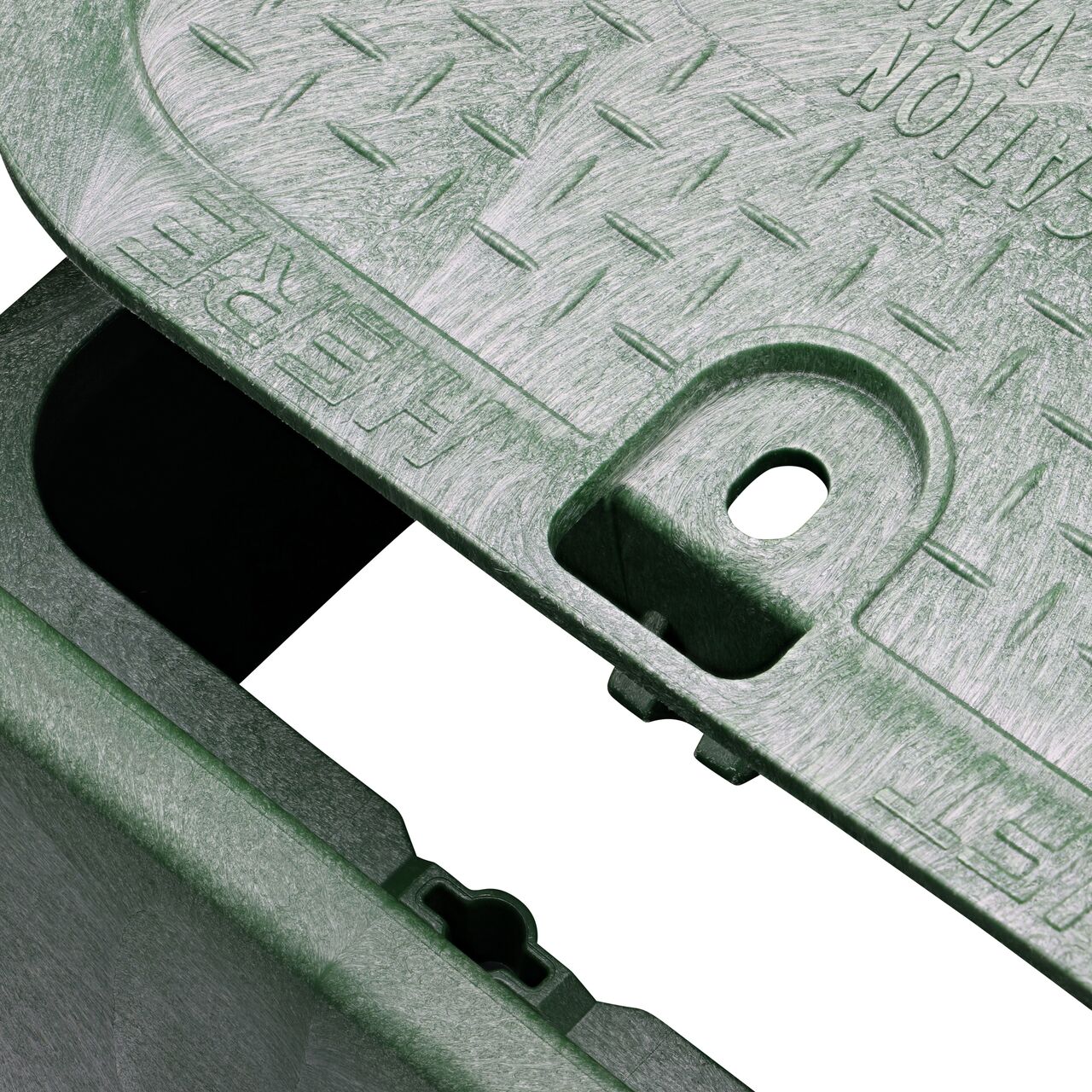 Align the bolt hole on the lid with the bolt hole from the NDS 14 X 19 in. Rectangular Standard Series Green Box and Green Irrigation Control Valve Cover (NDS 114BCB) for a secure fit