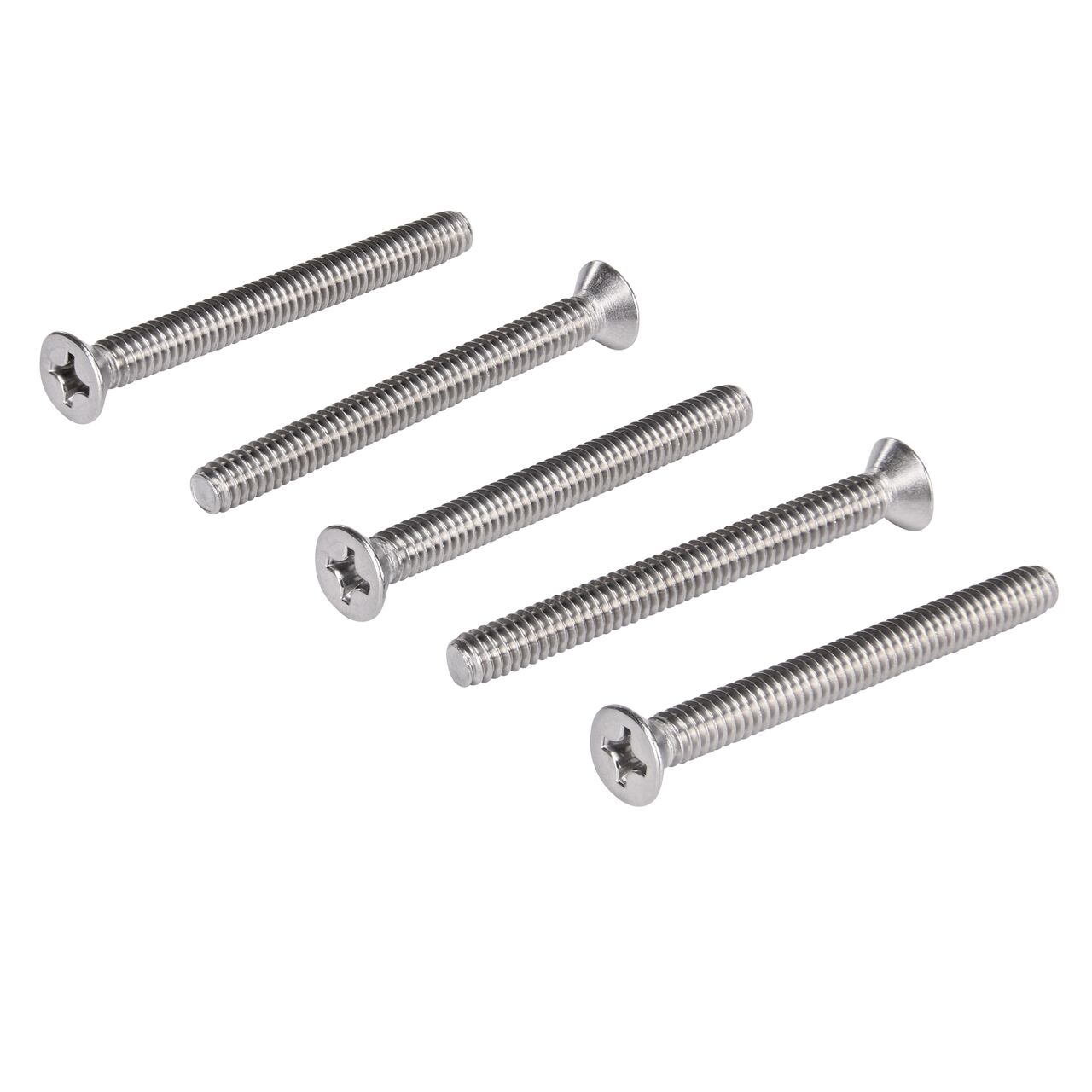 Multiple 1/4 in. Phillips Flat Head Screws (NDS DS-225) show both the flat head and the threaded end which allows the screw to easily thread into the Dura Slope ductile iron frame