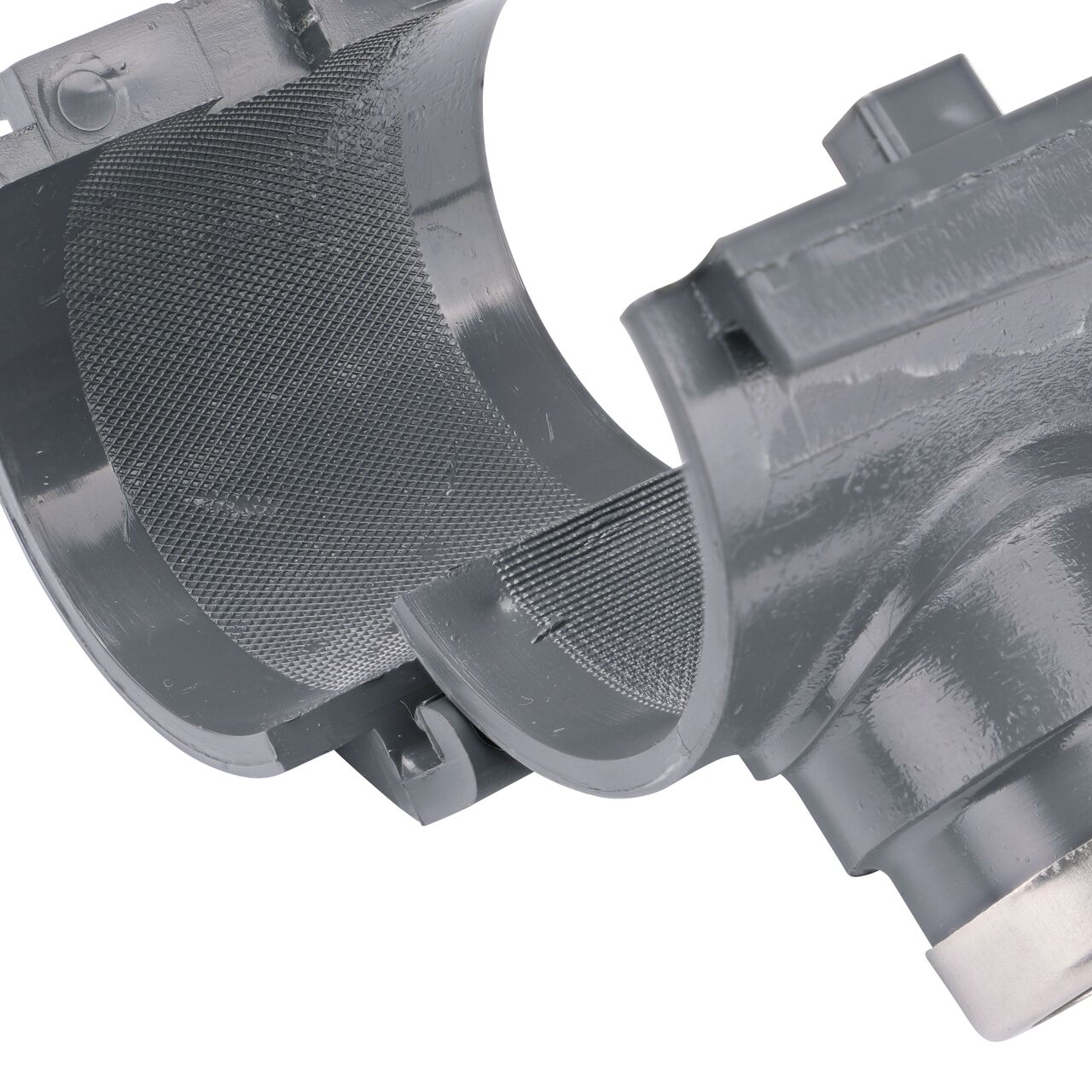 Closeup of the hinge open on the NDS Clamp-It™ Rigid PVC Saddle for 2 in. PE pipe with 1 in. FPT on top (NDS 322010P)