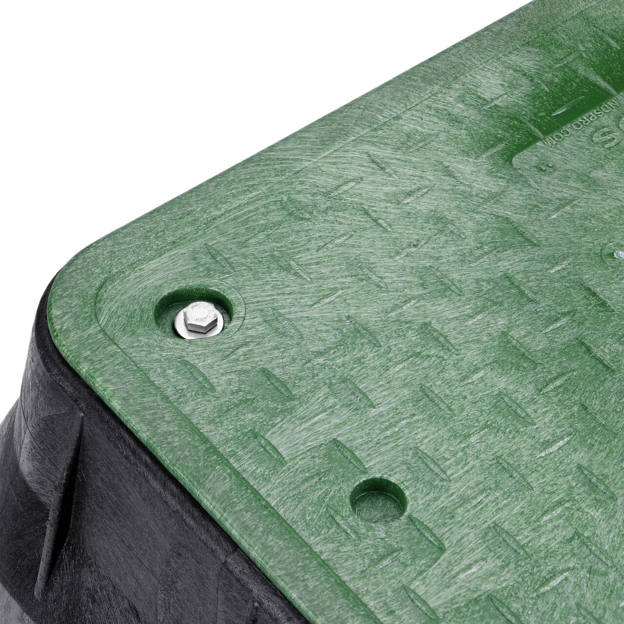 Closeup view of the NDS logo and Irrigation Control Valve markings on the Green Irrigation Control Valve cover for the NDS 13 in. X 24 in. Rectangular Pro-Spec® Series Valve Box (NDS 325BCB)