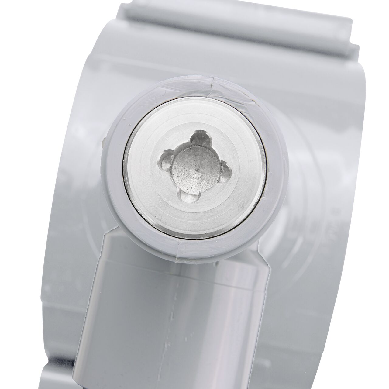 Closeup view of the built-in saw tooth cutter in the top connection of the 6 in. NDS Flo-Tap™ Rigid PVC saddle with 1-1/2 in. socket or 2 in. spigot which cuts easily through PVC pipe wall and captures debris before it can enter the water supply (NDS 3260)