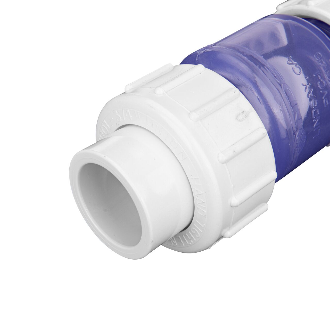 Closeup of one 3/4 inch end of the NDS Clear 3/4 in. IPS U X U PVC True Union Swing Check Valve (NDS 1720C07)