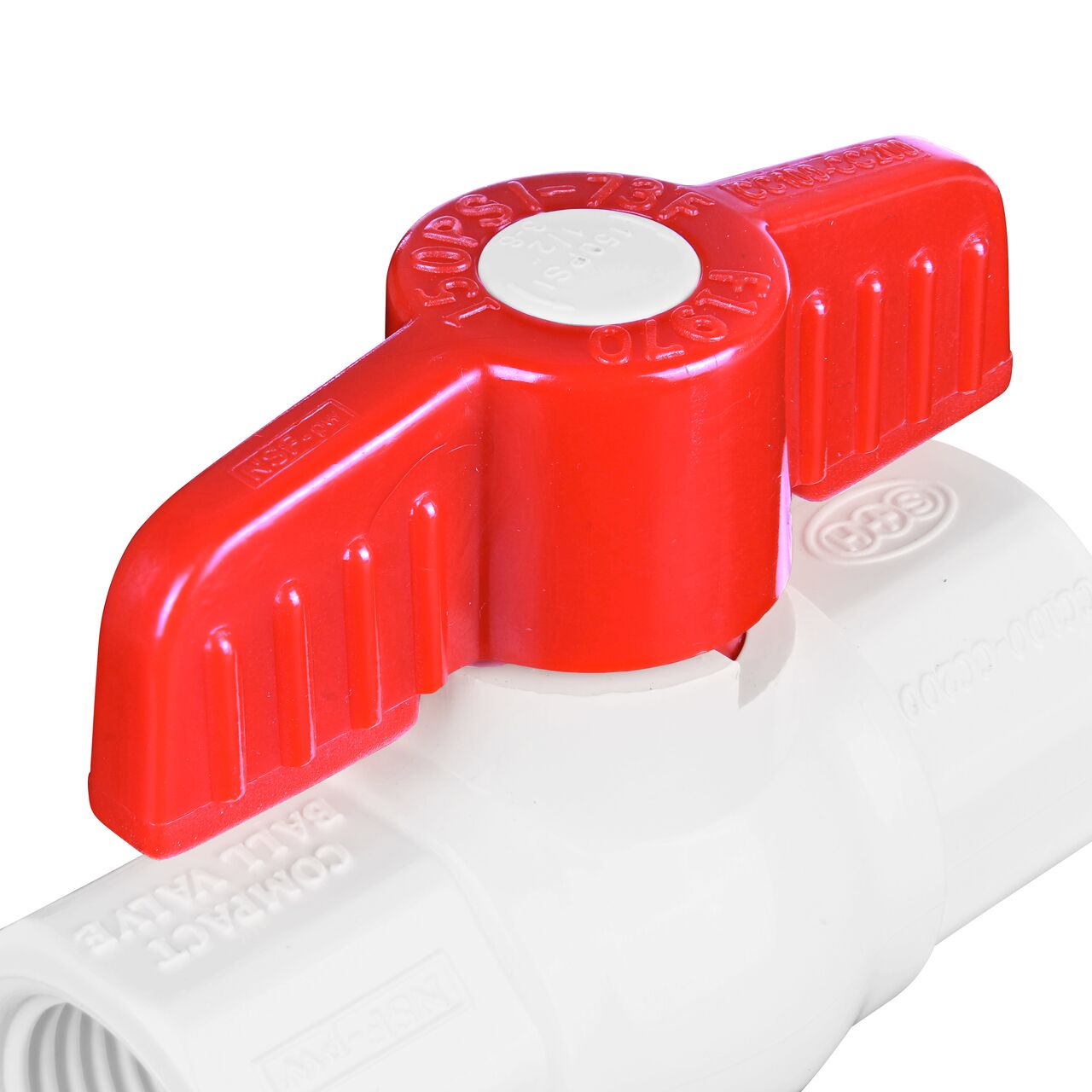 Closeup of the NDS IPS Ball Valve showing the handle that rotates two ways to control water flow (NDS E1420-05)