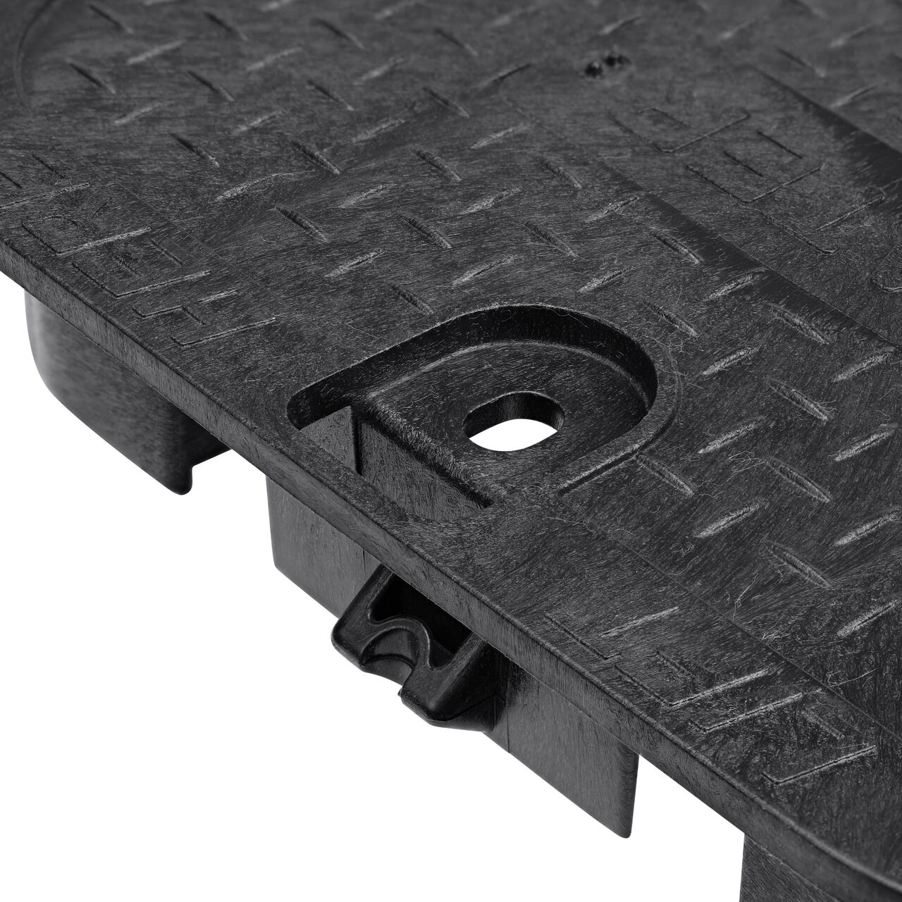 Closeup view of the locking mechanism and bolt hole on the Water cover (NDS 113CW) for the NDS 14 X 19 in. Rectangular Standard Series Valve Box