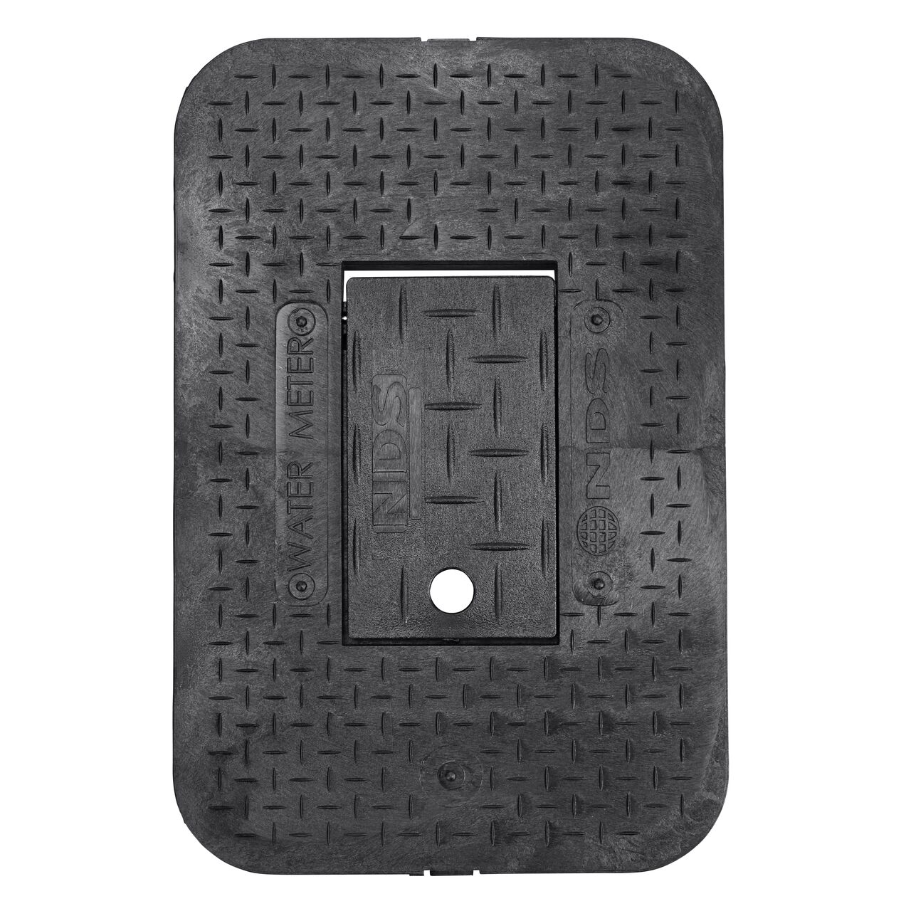 Top down view of the top side of the Black Water Meter Drop-in cover (NDS D1200-DIRBL) with Plastic reader door for the NDS 14 in. X 19 in. Rectangular Standard Series Meter Boxes