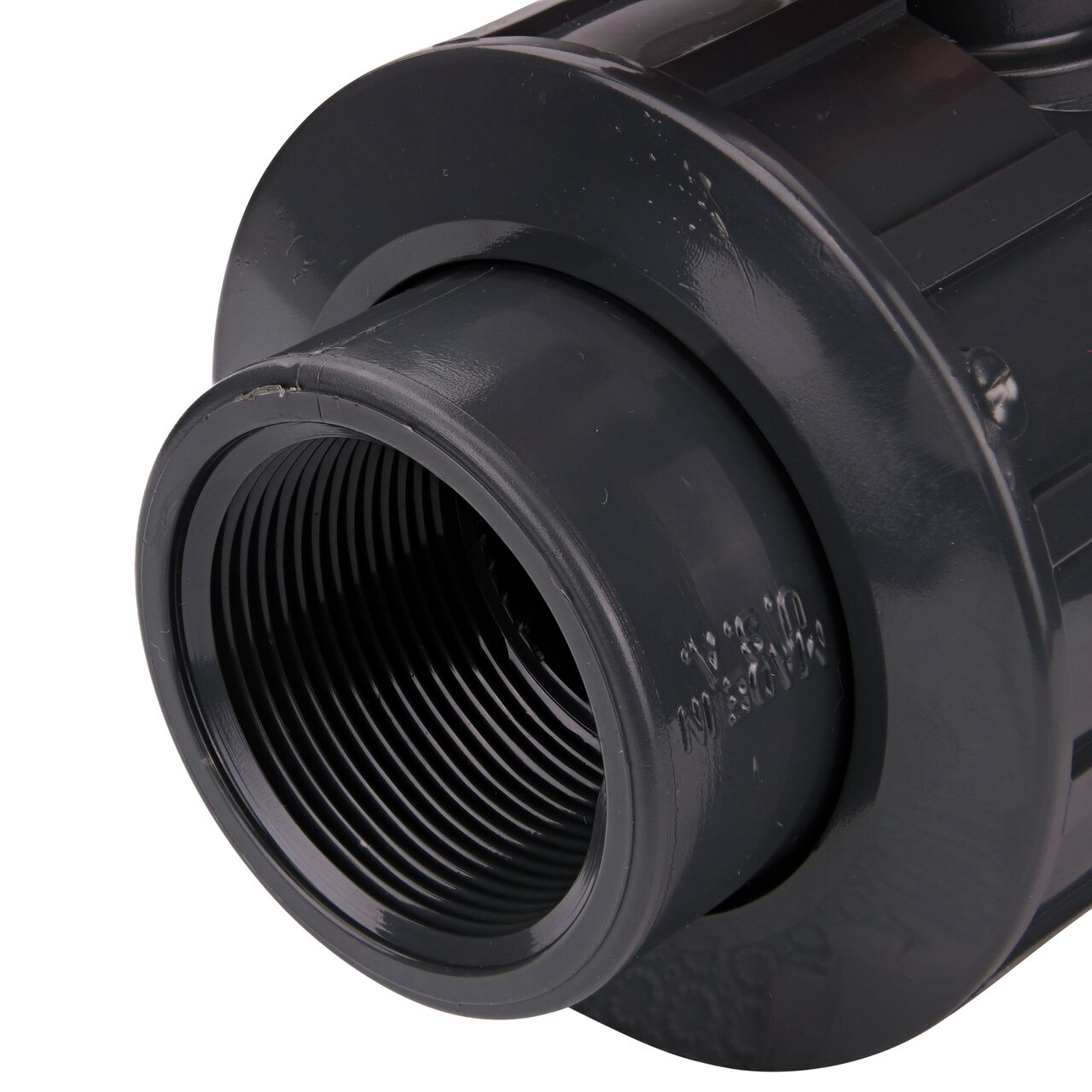 Close up view of the threaded end on the 1-1/2 in. PVC Slip & Threaded True Union Ball Valve (NDS BTU-1500-E) and how it connects to 1-1/2 Schedule 80 pipe