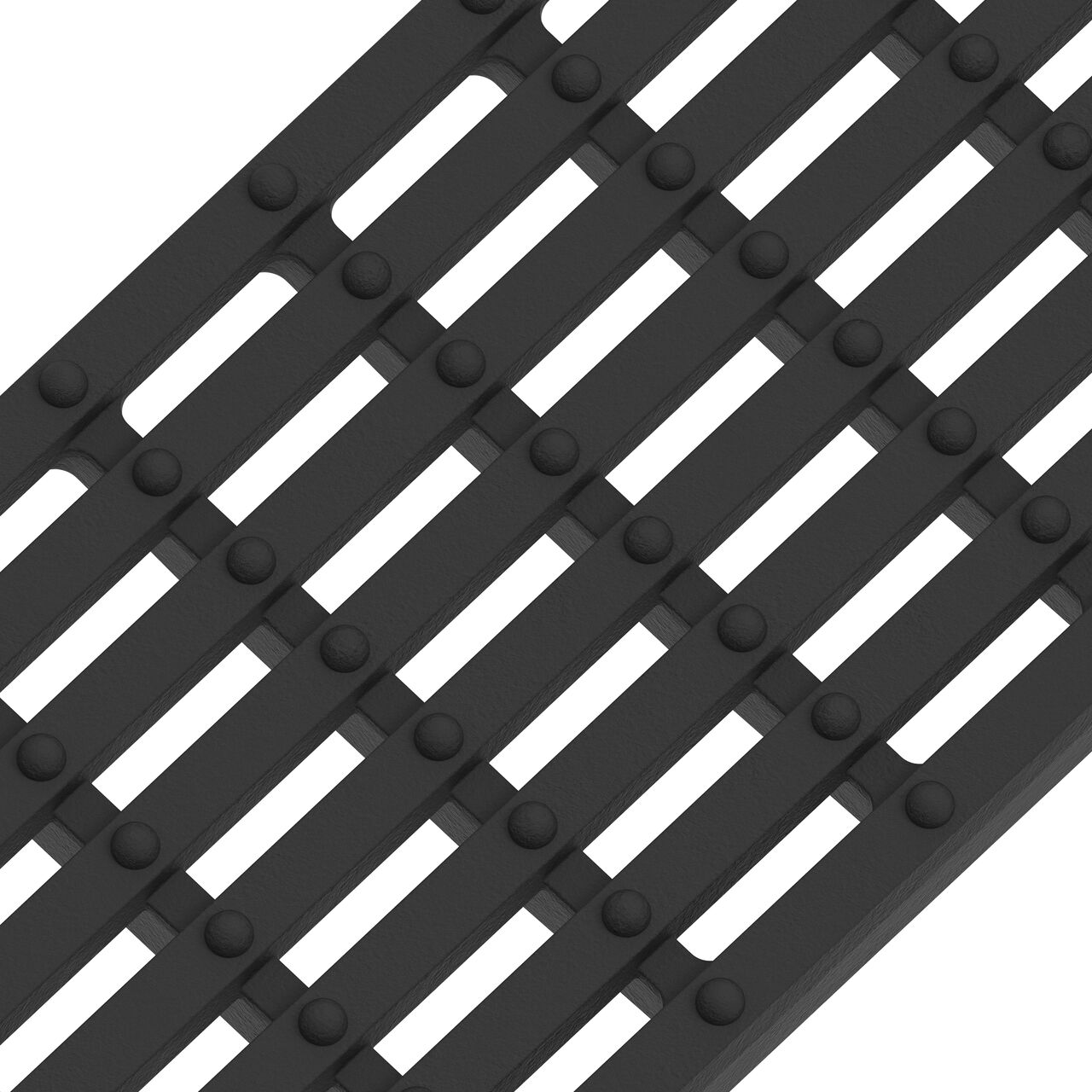 Angled closeup view of the class C bar design ductile iron BG-FILCOTEN® 100 Trench Drain Grate (NDS 17010106)