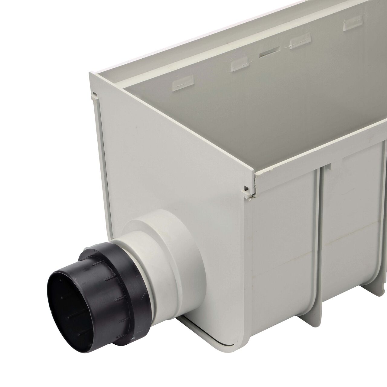 12 in. Pro Series Channel™ Drain End Cap/End Outlet (NDS 844) installed on the Deep Profile Channel Drain (NDS 843)