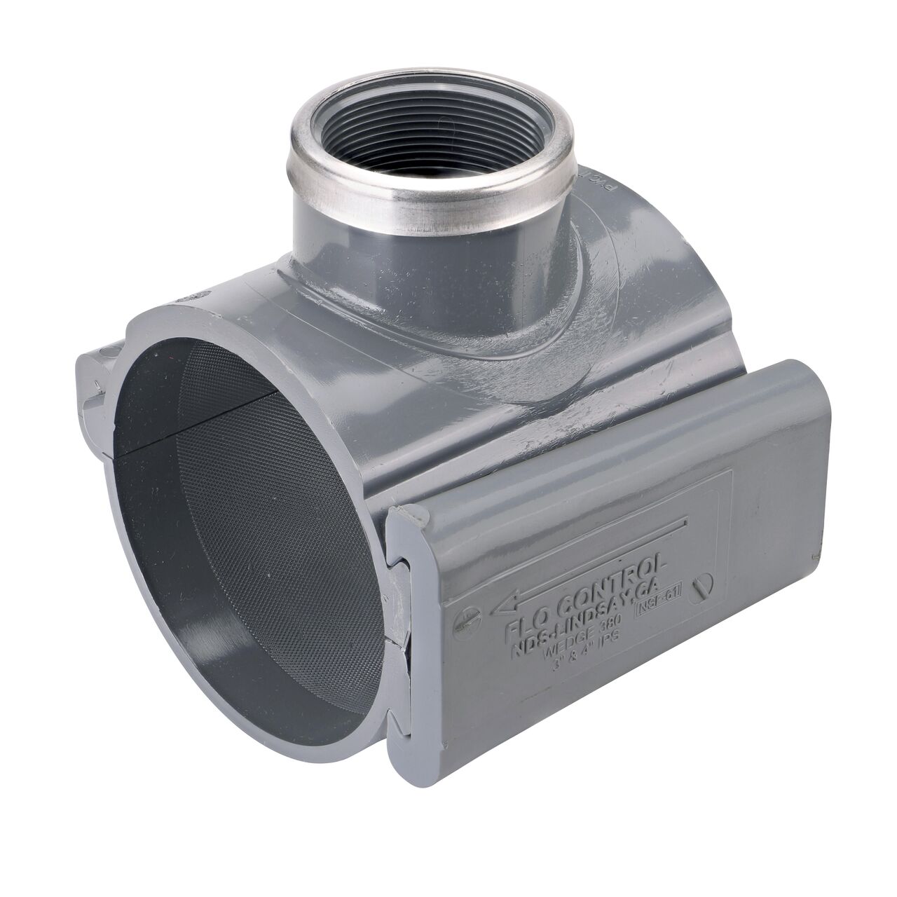 The NDS Clamp-It™ Rigid PVC Saddle with 2 in. FPT connection on top (NDS 444020) for 4 in. PVC pipe has a patented wedge design to install a sprinkler irrigation system to existing pipe without any bolts