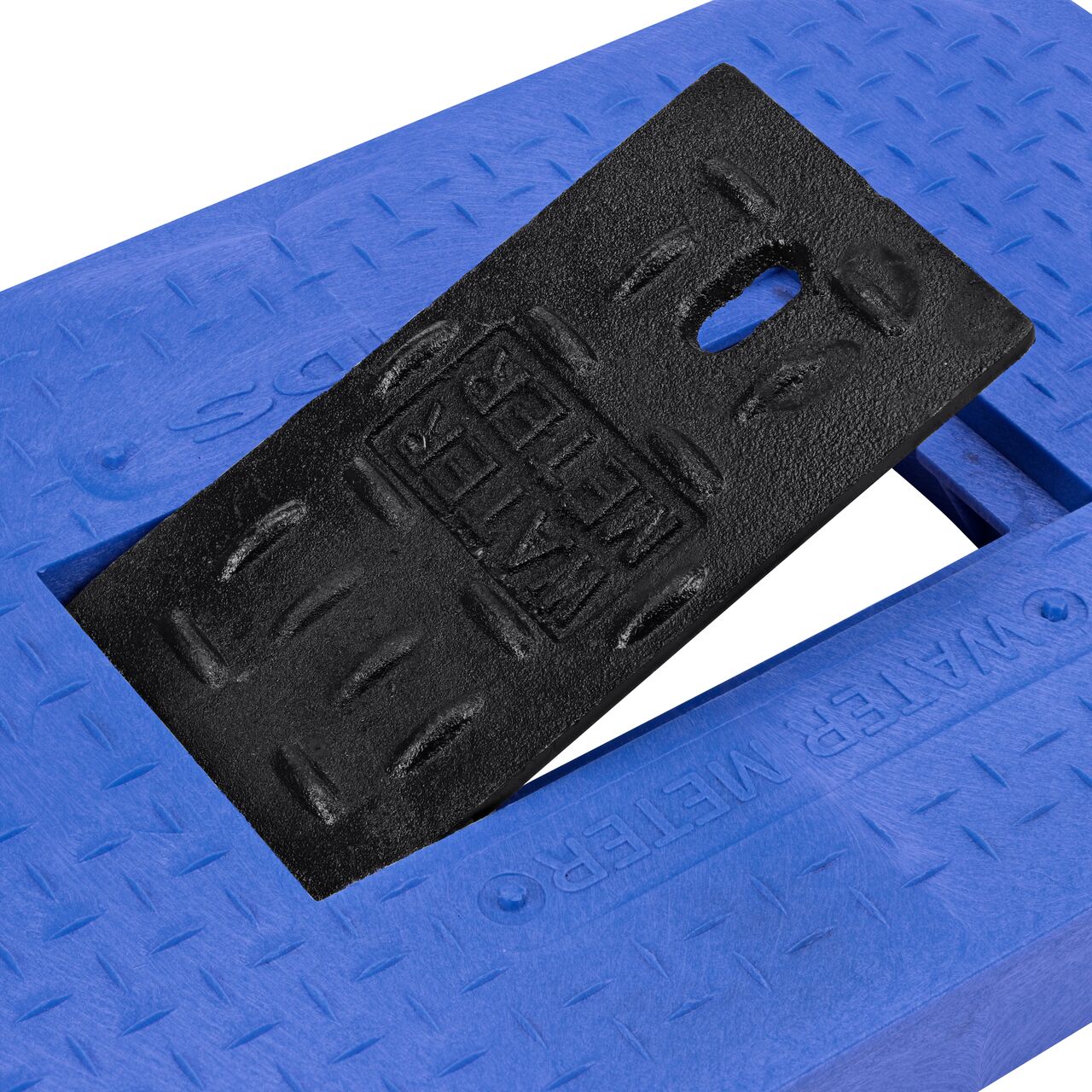 Close up view of the hinged side of the Cast Iron reader door on the Water Meter Blue Drop-In 14 in. X 19 in. Rectangular Standard Series Meter Cover which allows for easy meter reading (NDS D1200-DICIRBLUL)
