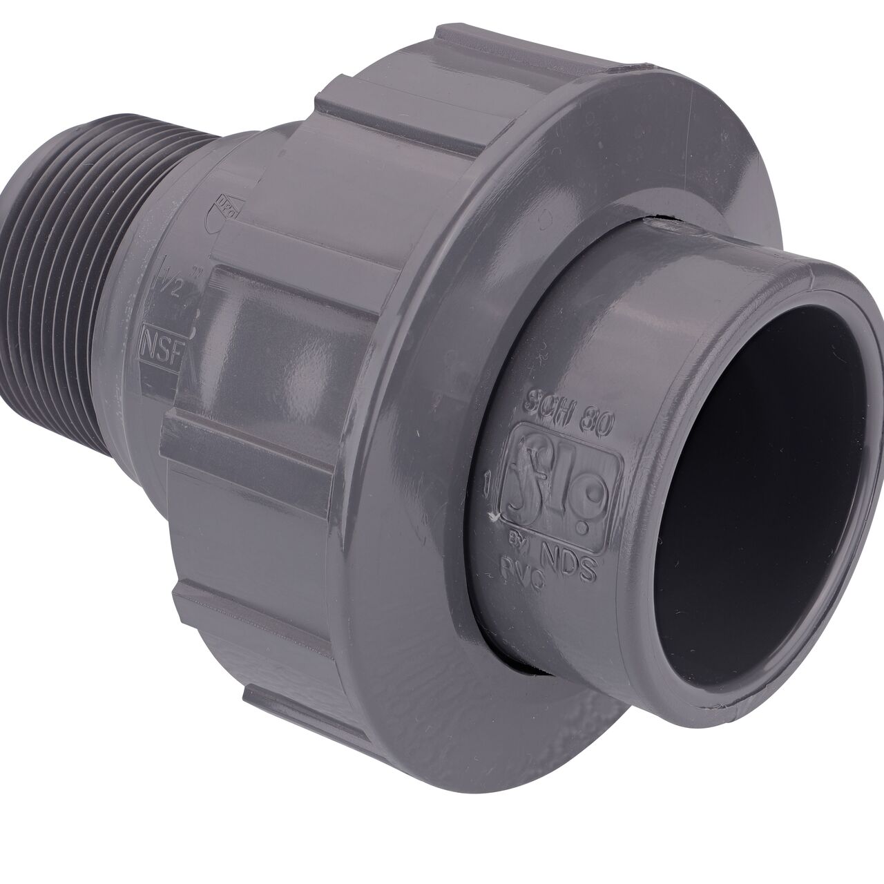 Close up view of the NDS 1-1/2 in. PVC S X MPT Union showing NDS brand, a leader in flow management solutions and the preferred choice of professionals since 1972 mark (NDS U-1500-SM)
