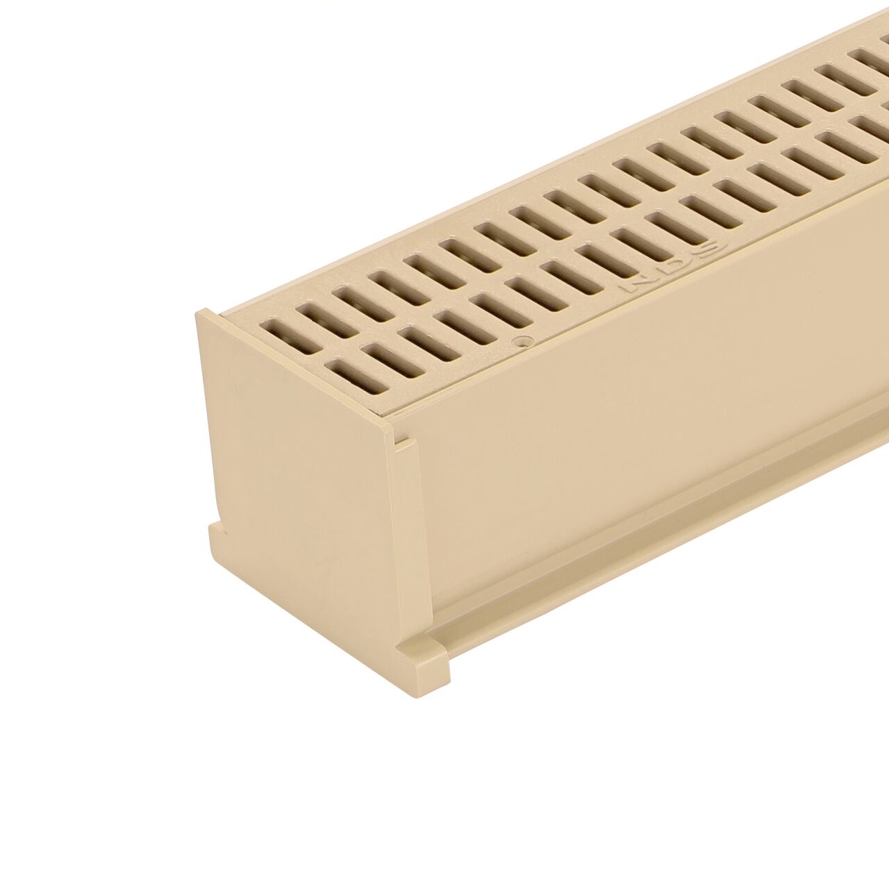 NDS Sand Mini Channel™ Drain End Cap (NDS 547S) attached to a grate (NDS 500) with a grate (NDS 544)