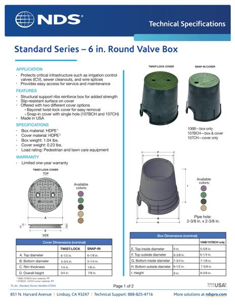 NDS 6 in. Round Standard Series Valve Boxes & Covers Tech Spec