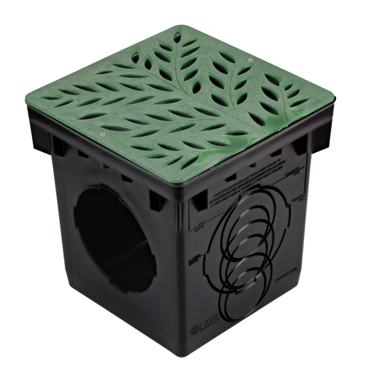 Alternate shot of NDS 12 in. Square Catch Basin Drain Grate, Decorative Botanical Design, Green Plastic (NDS 1218GR) installed on a 12 in. Catch Basin Drain with 2 openings (NDS 1200)