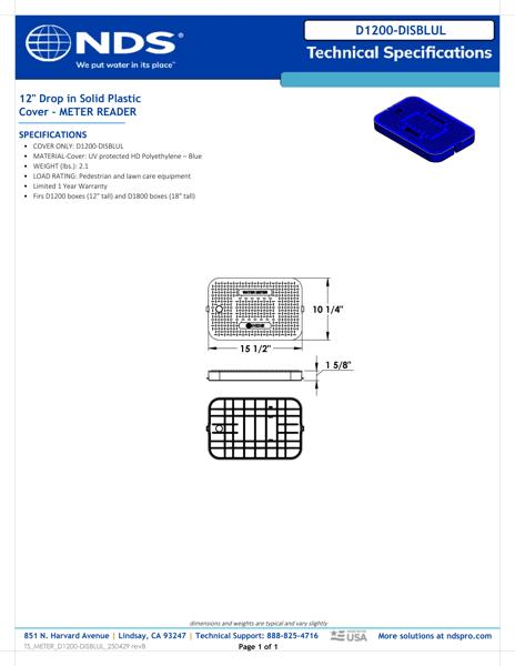 NDS 14 in. X 19 in. Rectangular D1200 Meter Box Drop-in Cover, Blue Water Meter Tech Spec