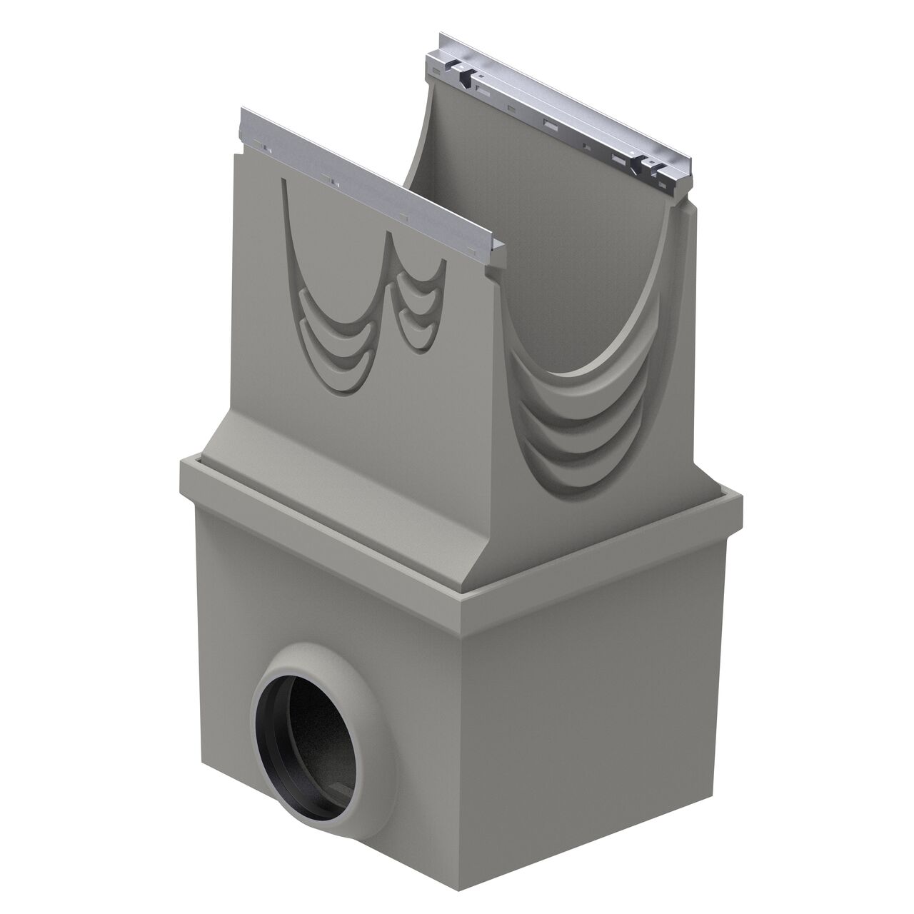 The BG-FILCOTEN® by NDS® 300 Trench Drain Inline Catch Basin Kit with 1-outlet and trash bucket fits all depths of BG-FILCOTEN 300 trench drain line