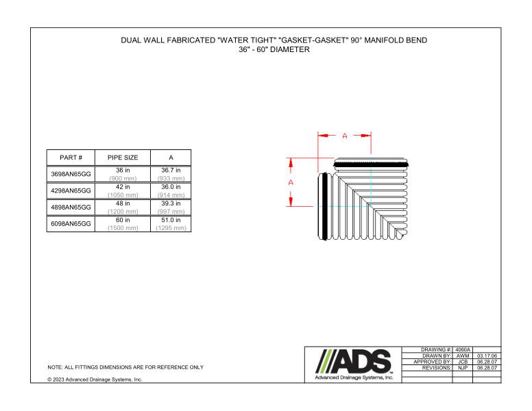 36" - 60" Fabricated Water Tight Gasket-Gasket 90 Degree Manifold Bends (HDPE Dual Wall Fabricated Manifolds Fittings)