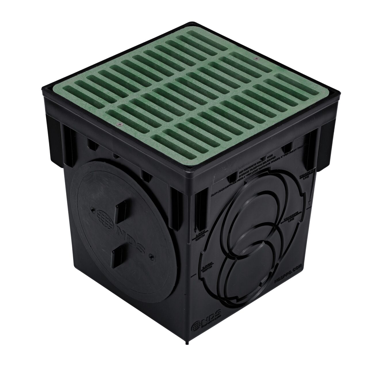 Black plastic NDS 9 in. Catch Basin Drain Kit with green grate (NDS 900GRKIT) with the NDS 6 in. Outlet Plug installed
