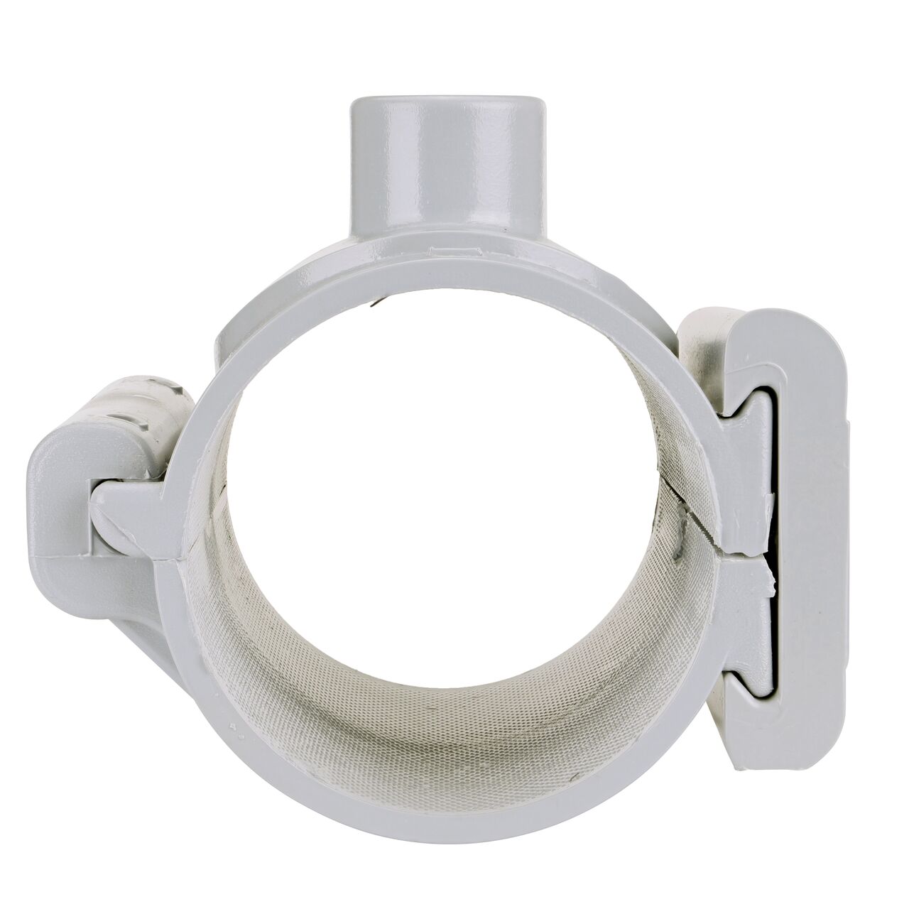 Front facing view of the NDS Clamp-It™ Rigid PVC Saddle with 3/4 in. slip connection on top (NDS 453007) for 3 in. PVC pipe showing both the wedge and hinge sides