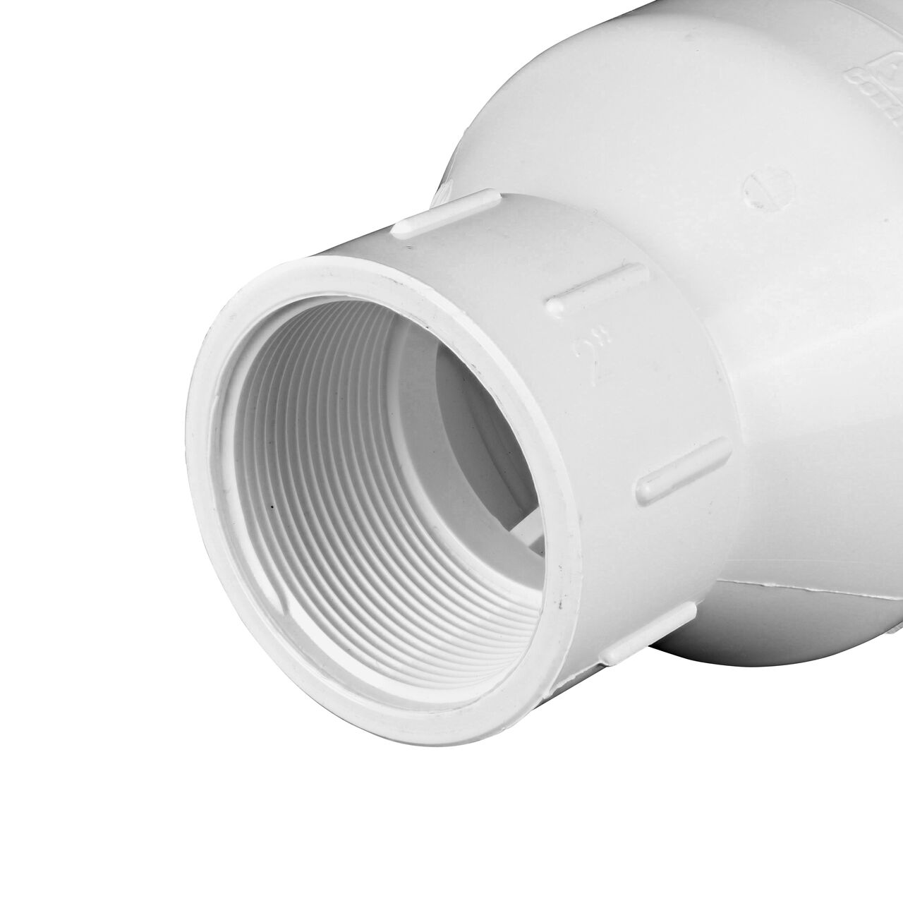 Closeup of the threaded end of the NDS 2 in. IPS Female Threaded PVC Foot Valve (NDS 1001-20FV)