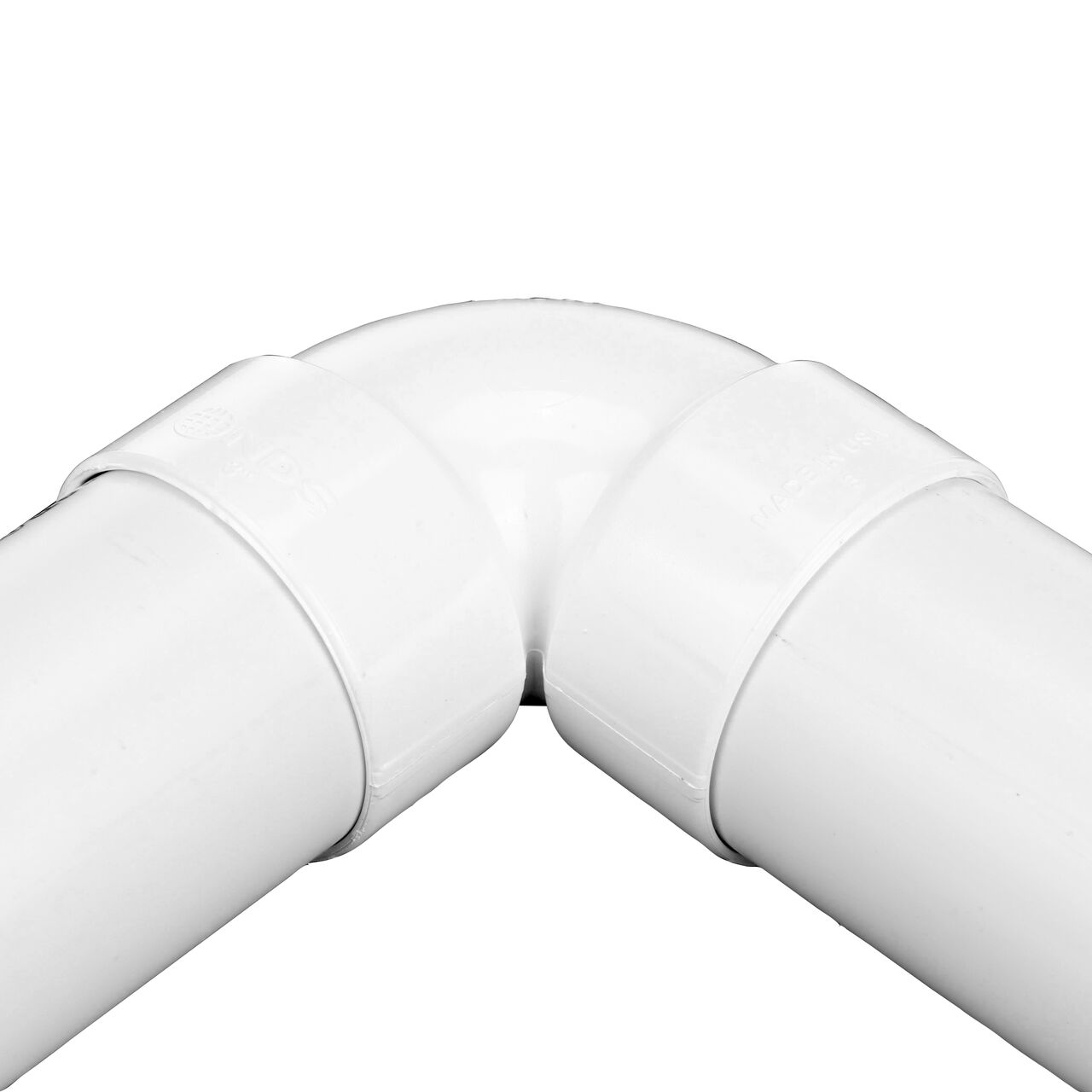 Alternate view with 3 in. S&D Pipe attached to both ends of the NDS 3 in. PVC Sewer and Drain 90° Elbow (NDS 3P02*, NDS 3P02)