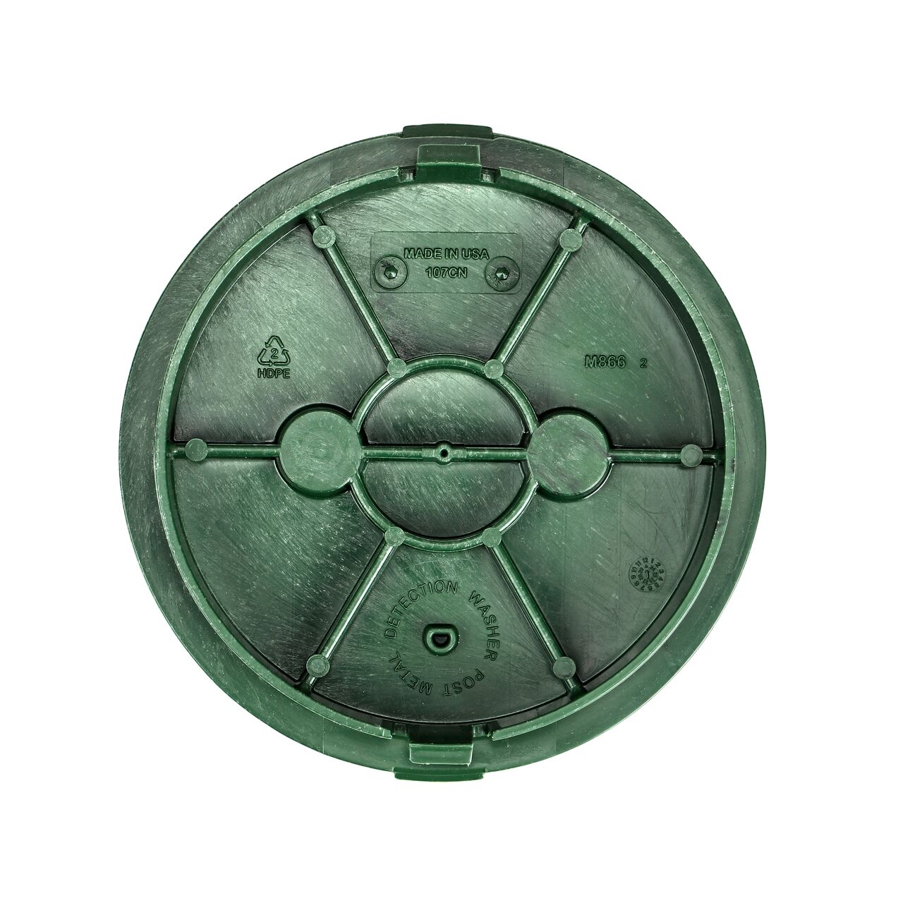 Top down view of the underside of the green irrigation control valve cover for the NDS 6 in. Round Standard Series (NDS 2107BC) showing reinforcing ribs that are load rated to withstand pedestrian traffic and the rigors of lawn care equipment