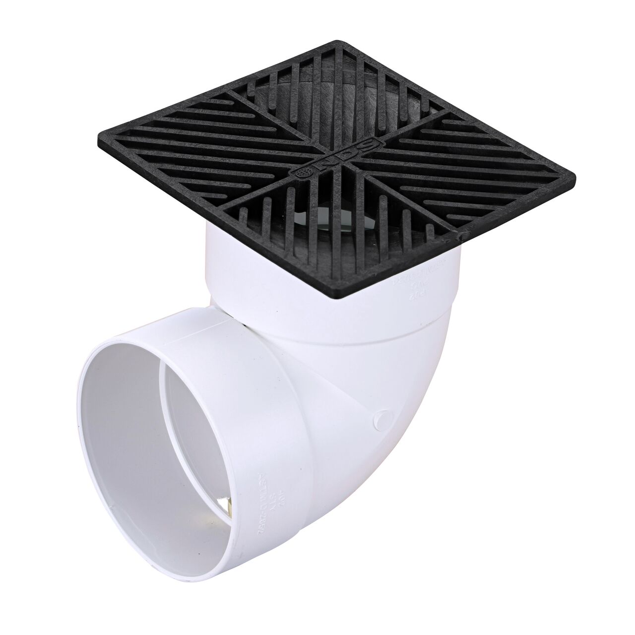 NDS 6 in. Square Grate installed on 4 in. Sewer and Drain Fitting, or Elbow (NDS 4*, NDS 4)
