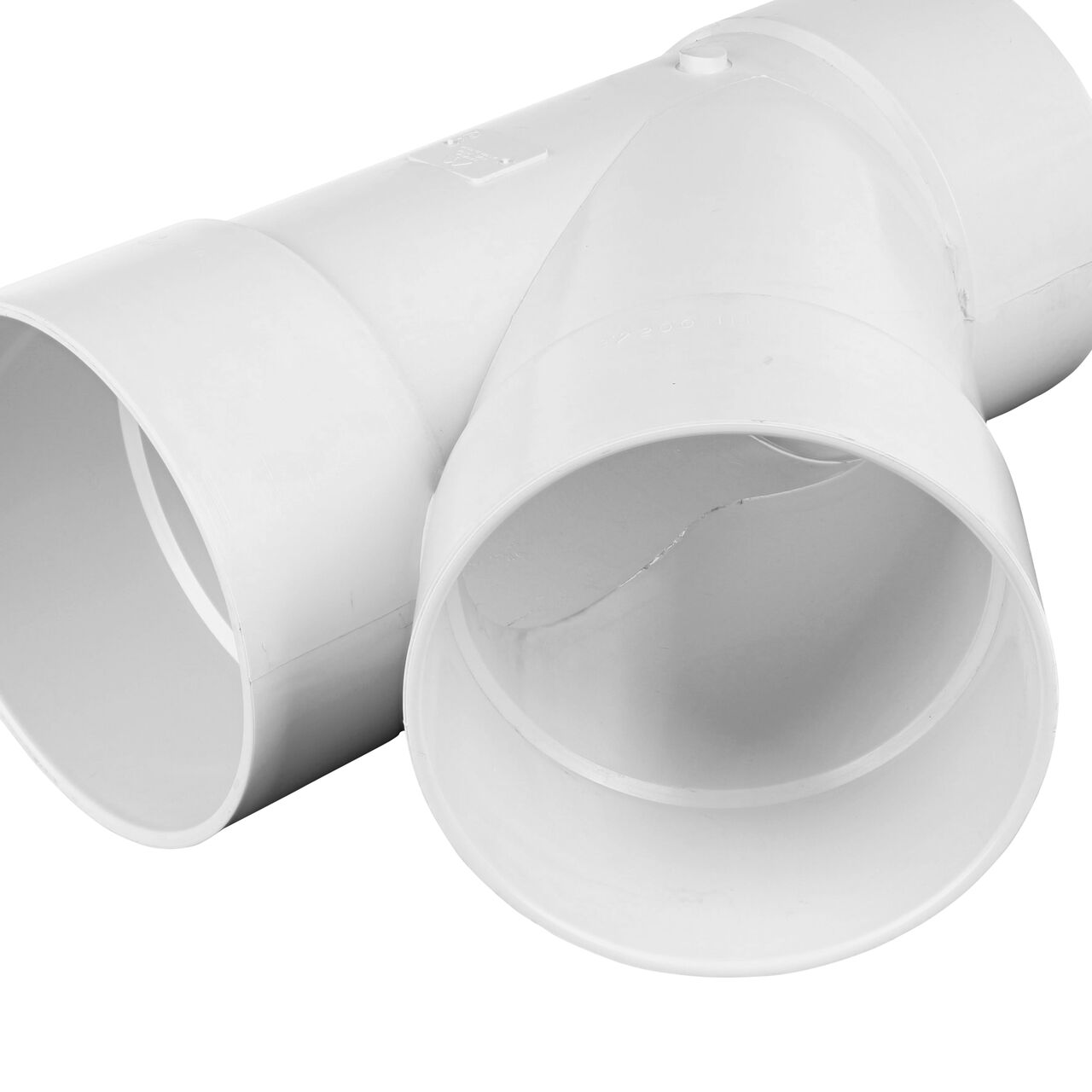 Closeup of the interior lip of the PVC 45 degree wye for 8 in. Sewer and Drain pipes, with 8 in. Hub X Hub X Hub connection (NDS 8P08)