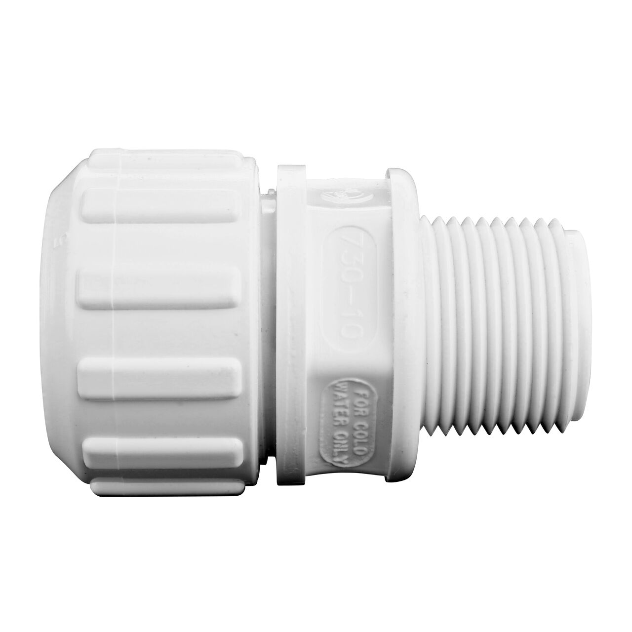 Side View of the NDS 1 in. SDR-9 CTS X 1 in. FPT Flo-Lock™ Gripper Adapter (NDS 731-10) which transports water through pipes