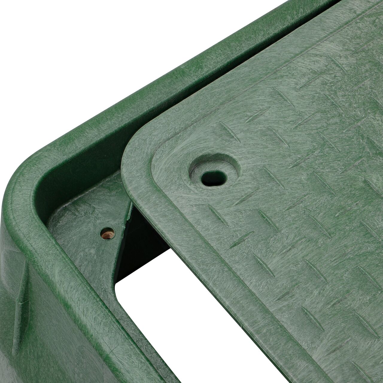 Align the Bolt hole on the lid with the bolt hole from the NDS 13 in. X 24 in. Rectangular Pro-Spec® Series Green Box and Green Telecom Cover (NDS 322BCBT) for a secure fit