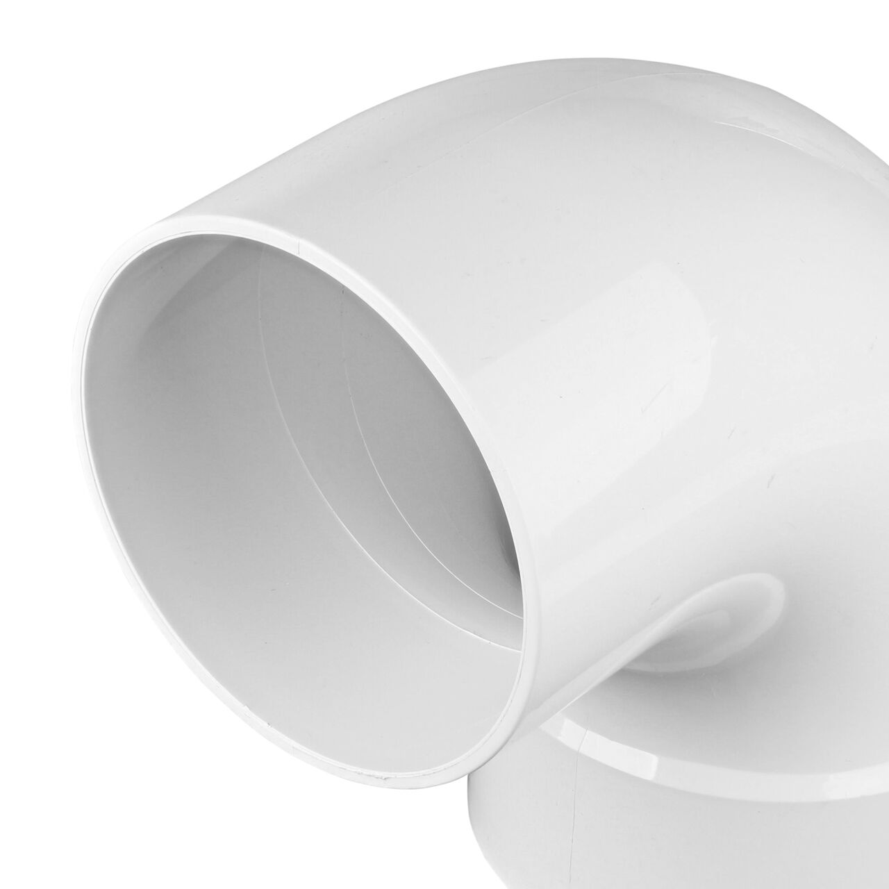 Closeup of the spigot end of the PVC 90° long-turn street elbow; connects 4 in. Hub to Spt (NDS 41P0ST, NDS 41P0ST*, NDS L41P0ST, NDS M41P0ST)