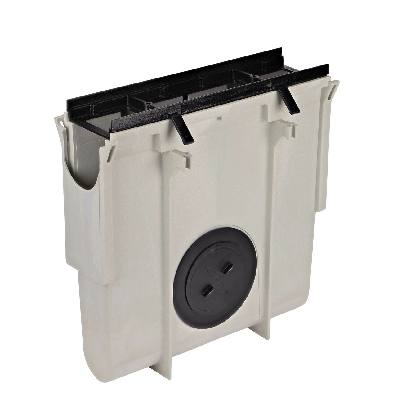 The Dura Slope™ Channel Drain Frame (NDS DS-200H) installed on the NDS Dura Slope Inline Basin (NDS DS-340) with the plug secured