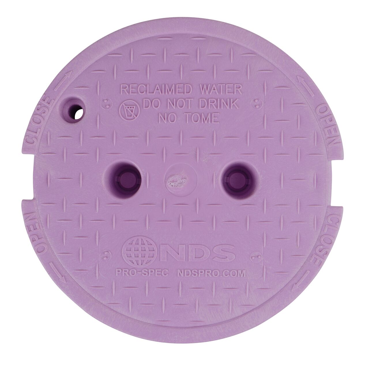 Top down view of the top side of the Purple Reclaimed Water cover for the NDS 10 in. Round Pro-Spec® Series (NDS 311BCR) shows markings, two finger slots to twist and remove lid