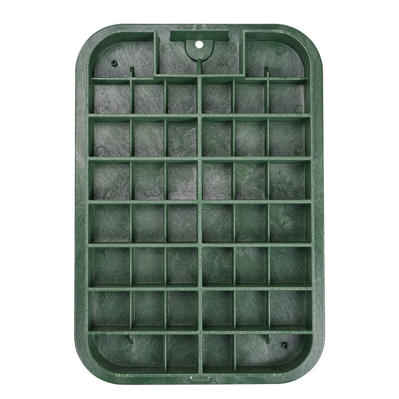 Top down view of the underside side of the Green Sewer cover (NDS 117BCS) for the NDS 13 in. X 20 in. Rectangular Standard Series Jumbo Valve Box, showing reinforcing ribs that are load rated to withstand pedestrian traffic and the rigors of lawn care equipment