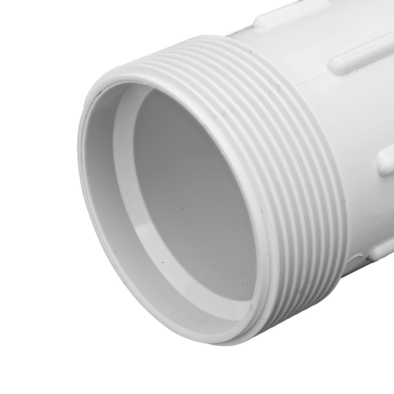 Closeup view of the PVC Compression Adapter, 1-1/2 in. IPS UC X 1-1/2 in. IPS showing MPT end that threads into FPT pipe which works with most plastic pipe to transport water and provide a leak-resistant connection (NDS CPA-1500)