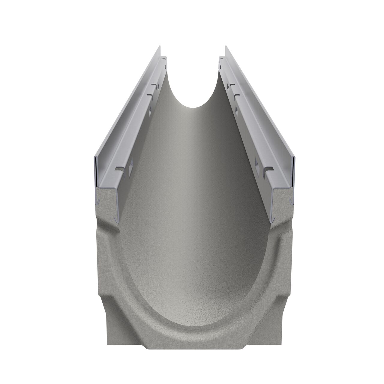 The smooth interior channel reduces turbulence and enables a self-cleaning effect on the BG-FILCOTEN® by NDS® tec V/E 100 Trench Drain shown from the female interlocking end
