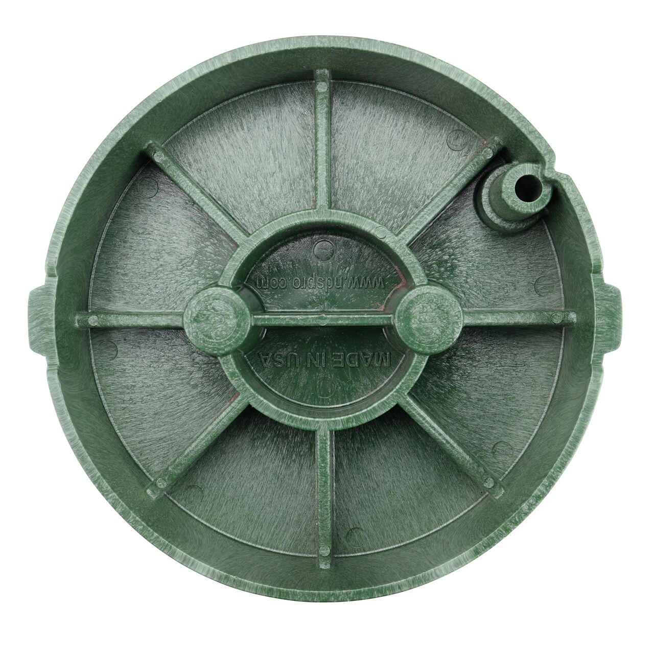Top down view of the underside side of the green irrigation control valve cover for the NDS 10 in. Round Pro-Spec® Series (NDS 311BCB) showing reinforcing ribs that are load rated to withstand pedestrian traffic and the rigors of lawn care equipment