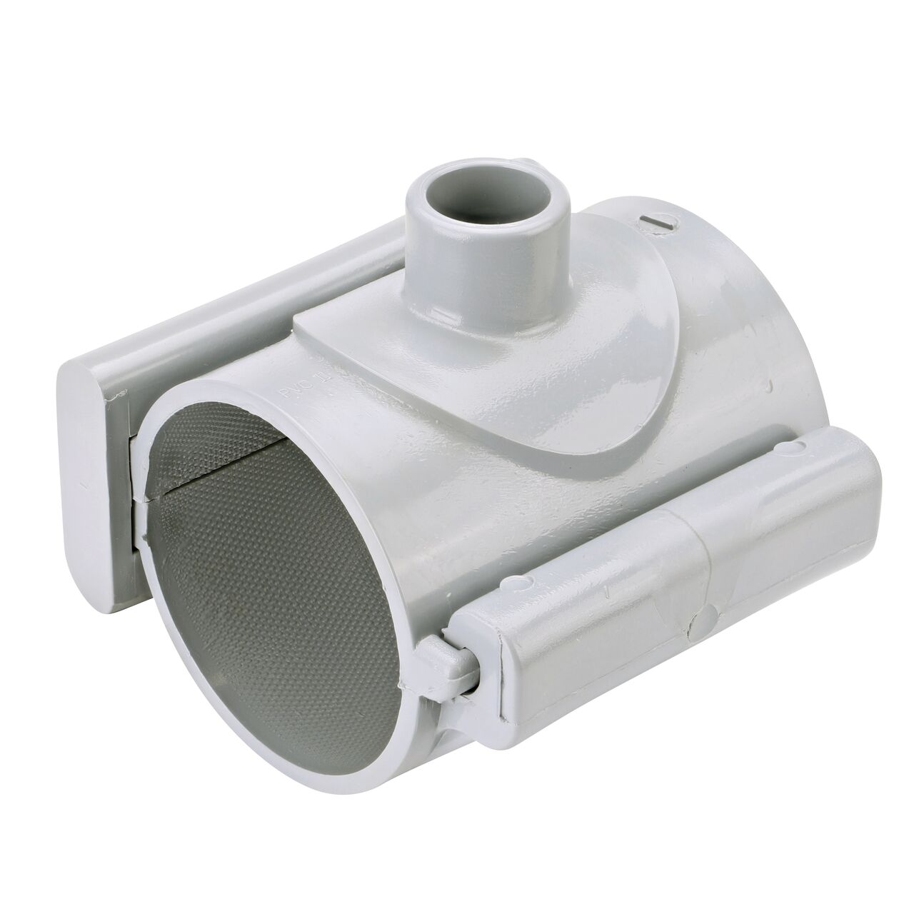 The NDS Clamp-It™ Rigid PVC Saddle with 3/4 in. slip connection on top (NDS 453007) for 3 in. PVC pipe has a patented wedge design on one side and hinge on the other to install a sprinkler irrigation system to existing pipe without any bolts