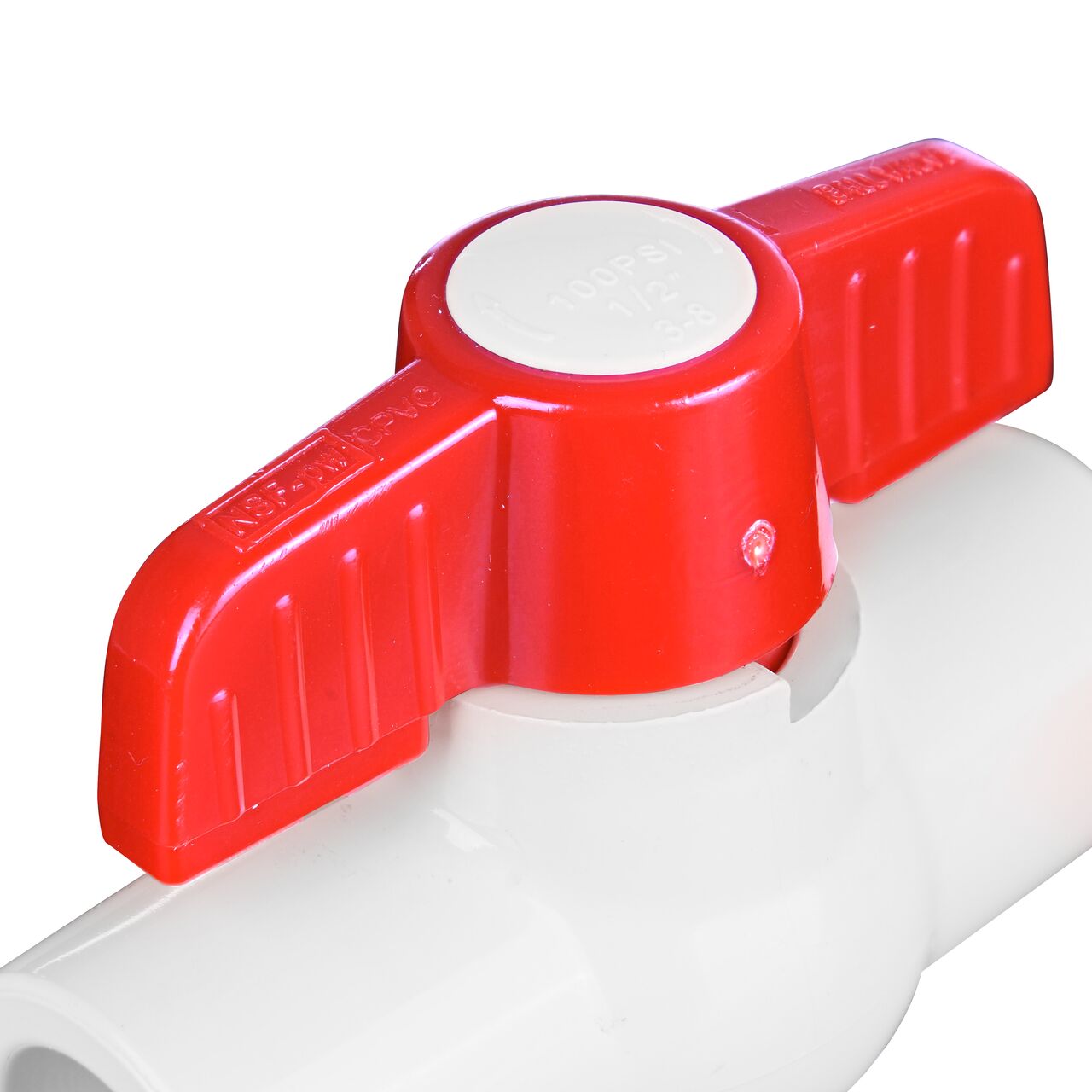 Closeup of the NDS CTS Ball Valve showing the handle that rotates two ways to control water flow (NDS C1310-05)