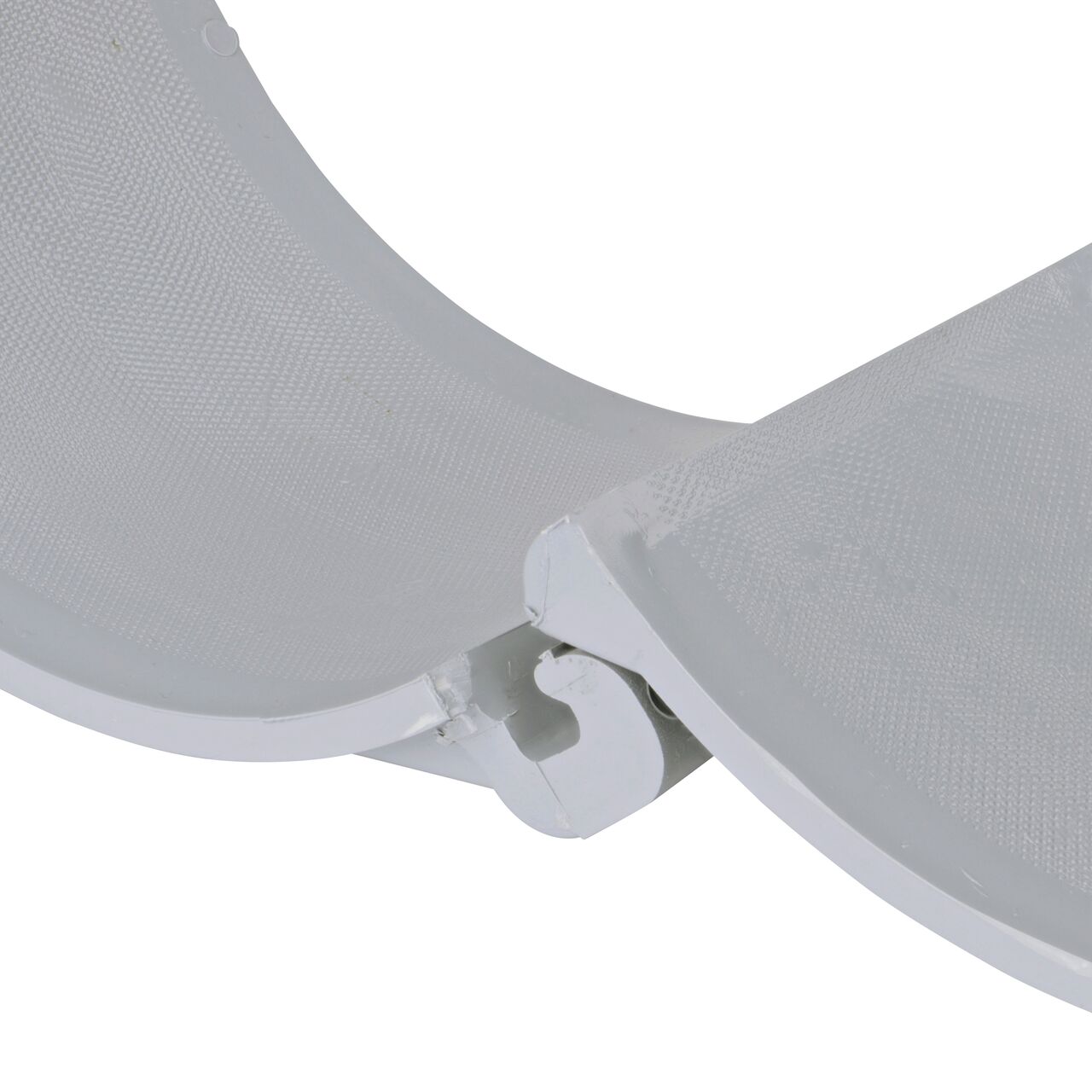 Closeup of the hinge open on the NDS Clamp-It™ Rigid PVC Saddle with 2 in. FPT connection on top (NDS 448020) for 8 in. PVC pipe