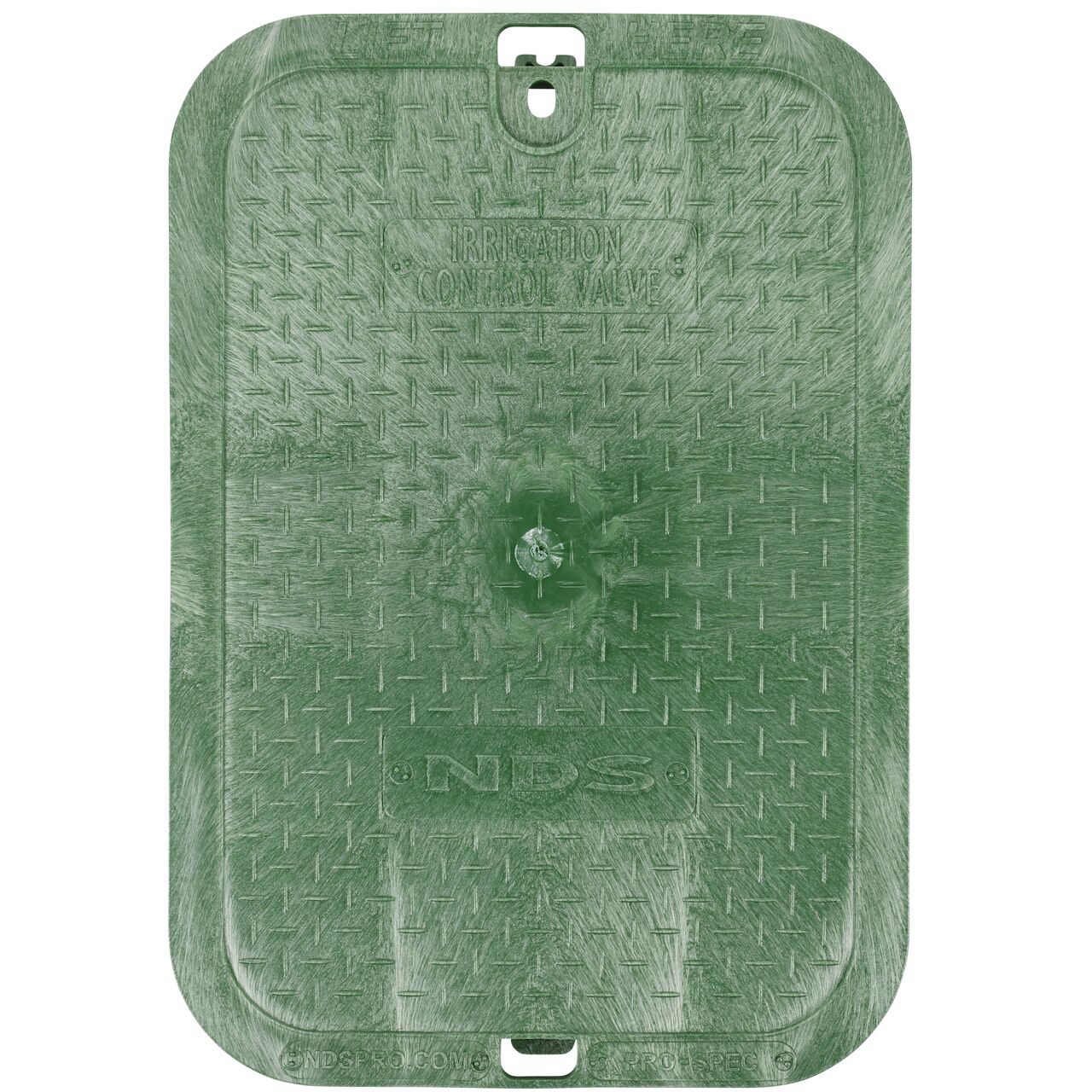 Top down view of the top side of the overlapping green irrigation control valve cover (NDS 111CR) for the NDS 14 in. X 19 in. Rectangular Pro-Spec® Series Valve Box