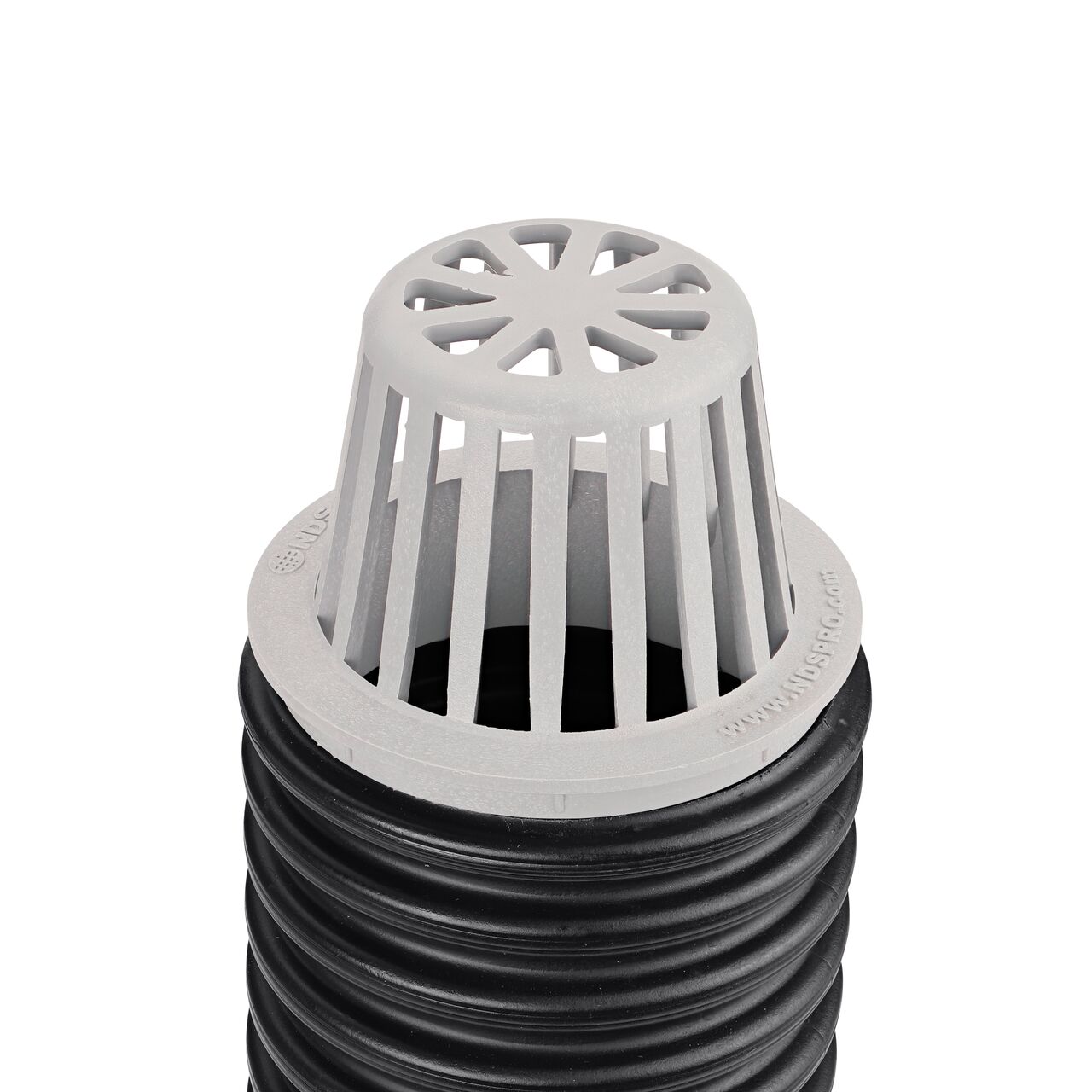 NDS Gray Plastic 4 in. Atrum Grate (NDS 76) installed on 4 in. Single-Wall Corugated Pipe