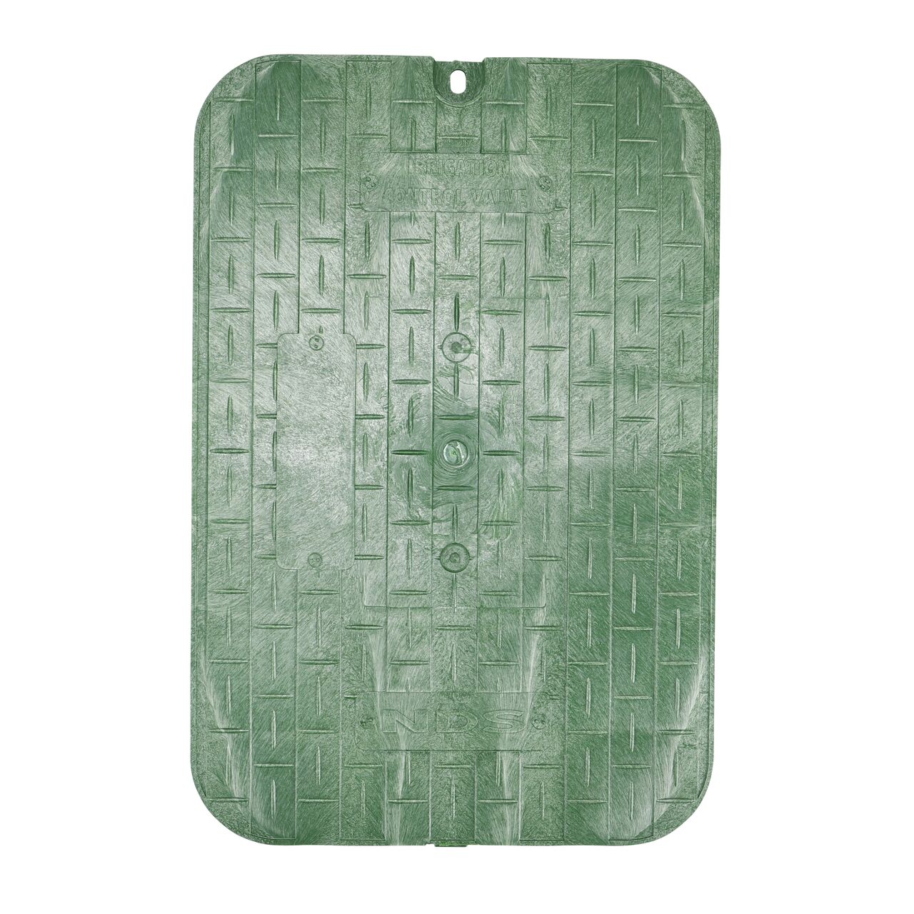 Top down view of the top side of the green irrigation control valve cover for the NDS 13 in. X 20 in. Rectangular Standard Series (NDS 117BCD) shows markings on drop-in lid